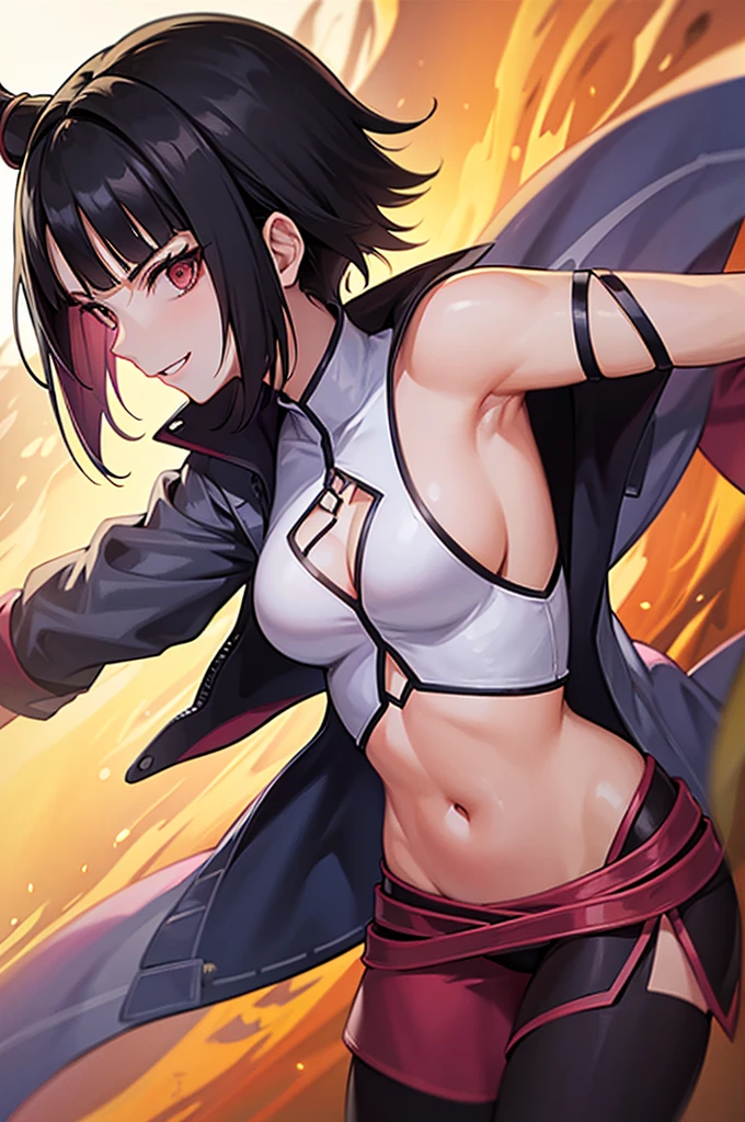 belo corpo,mulher jovem,short black hair , badass , colan,May,coxas torneadas,Evil Smile,juri han,chifres de cabelo,detalhes do corpo,low yellow lighting,raios de luz belo corpo detalhado