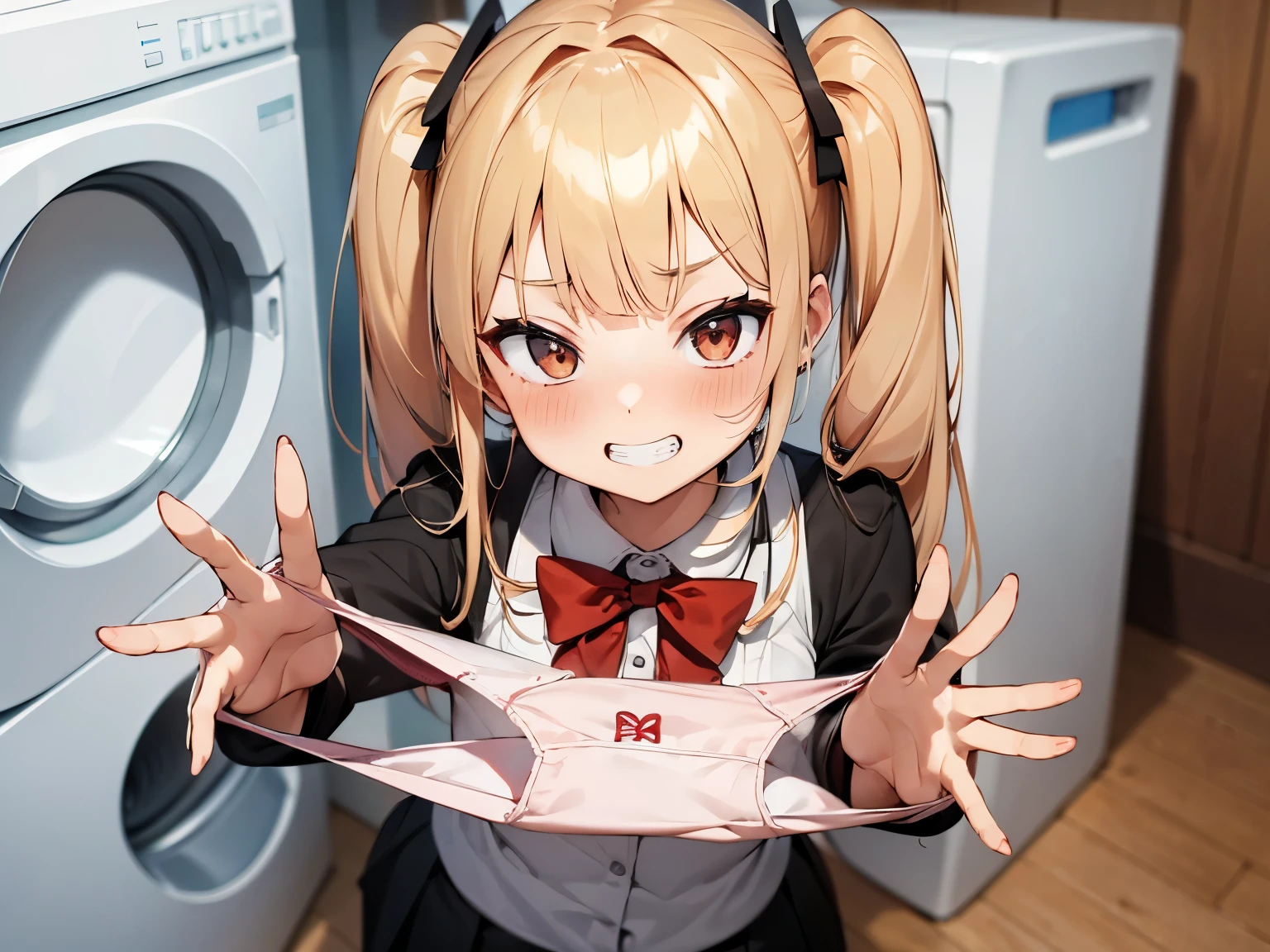 1girl,
Laundry room,laundry machine, laundry bascket, a few underwears are in a laundry bascket,
blonde hair, {{{half twin tail:1.3}}}、BREAK,red blush, Bow, Red bow, Long sleeves, Shirt, Collared shirt, Skirt, Pleated skirt, Black skirt, tiny chest,
{{{face Close up}}},Upper body,,Focus on panties,Fine underwear,
Looking down,Look at the viewer,
Presenting Panties,
masutepiece, Best Quality, , absurderes, Perfect Skin, Detailed skin texture, ultra-detailliert, 8K, Intricate details, beautifull detailed face,hight resolution,
 {{{shaded face}}}, mock, {{{clenched teeth:1.2}}}, grin, smile, looking down at viewer, masterpiece,absurderes, beautiful detailed face
From the front,