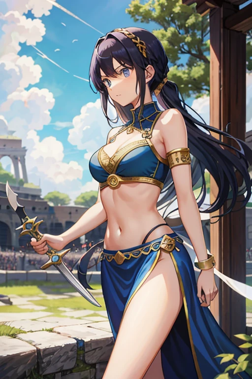 middle ages、Roman Arena、Beautiful girl fighting with sword、Belly button