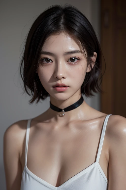 masterpiece, best quality, ultra detailed, masterpiece, super high quality、Crystal Clear、RAW UHD Format、Droopy eyes、High resolutionの光る目、highest quality, close, Realistic skin texture, photograph shoot, Detailed facial features, Film grain and high contrast, 非常にHigh resolutionの詳細, photograph, Realistic, Surreal, High resolution, masterpiece、17歳の美少女photograph、Boyish and healthy girl、choker、short hair、Cowboy Shot,Bust Shot、Sweaty skin