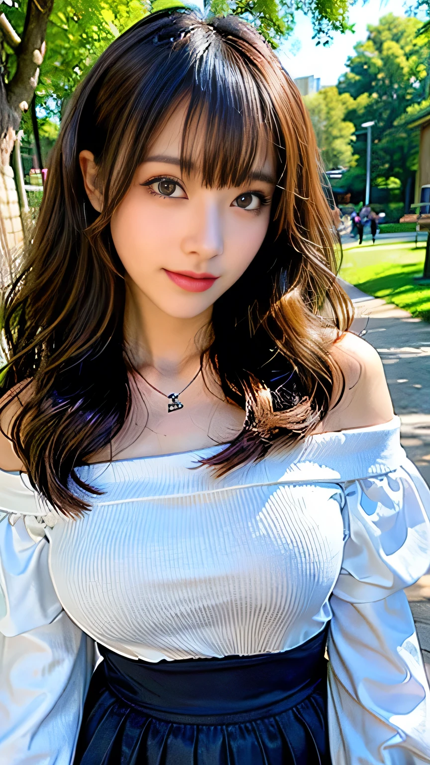 ((highest quality、8K、Masterpiece: 1.3))、concentrate: 1.2、Cute Girl 1、?????? ????????、Perfect beauty: 1.4、Colorful off-the-shoulder T-shirtini skirt: 1.2、Long sleeve、Randall Color、Comics＆Text Graphics、Black ruffle trim drawstring zip blouse、1.1、Highly detailed face and skin textures、fine grain、double eyelid、Whitening skin、highest quality、Ultra-high resolution、you、One girl、one person、_Shiny skin、Iris、necklace、Full body angle、walk in the park、 ((Brown_length_Wavy_hair)),(lips))、eyelash、bangs、process、Correction、Shine、pores、Skin type、???????????、smile、lively、Selfie