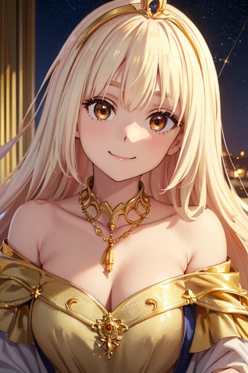 masterpiece、top-quality、(Blonde colored long hair、I have bangs:1.1)、(25 year old woman)、 (gold eyes:1.5)、(Big round eyes:1.5)(wearing a gold off-shoulder dress:1.2)、(Emphasis on the chest:1.1)、(modest smile expression:1.3)、(Staring:1.5)、(Close-up of the subject's face:1.3)、standing、five perfect and beautiful fingers、place the camera over the subject、The background is the party venue、Bold composition、Upper body is shown、Alone、Gold bracelet、Gold necklace with blue gemstone、Gold Tiara、Open your mouth、(Curly Hair)、(Large Breasts:1.0)、Gold Collar、midnight、Starry Sky、Palace balcony、(Glowing Skin:1.2)