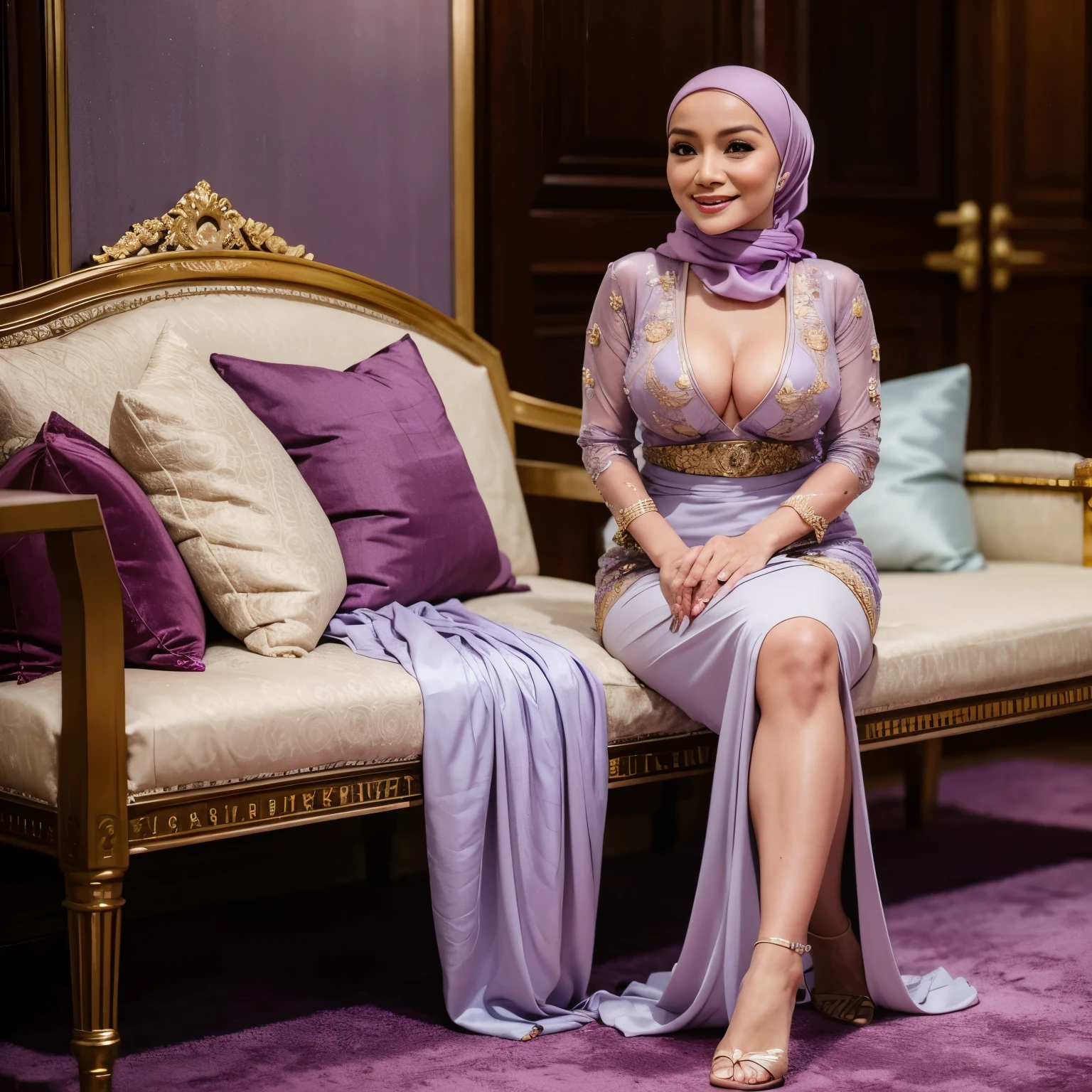 1 malay lady, wearing sexy kebaya, light purple hijab, hijab covers her hair, smiling, walking at ceremony, clapping her hands, big breast, high slit skirt, sitting politely