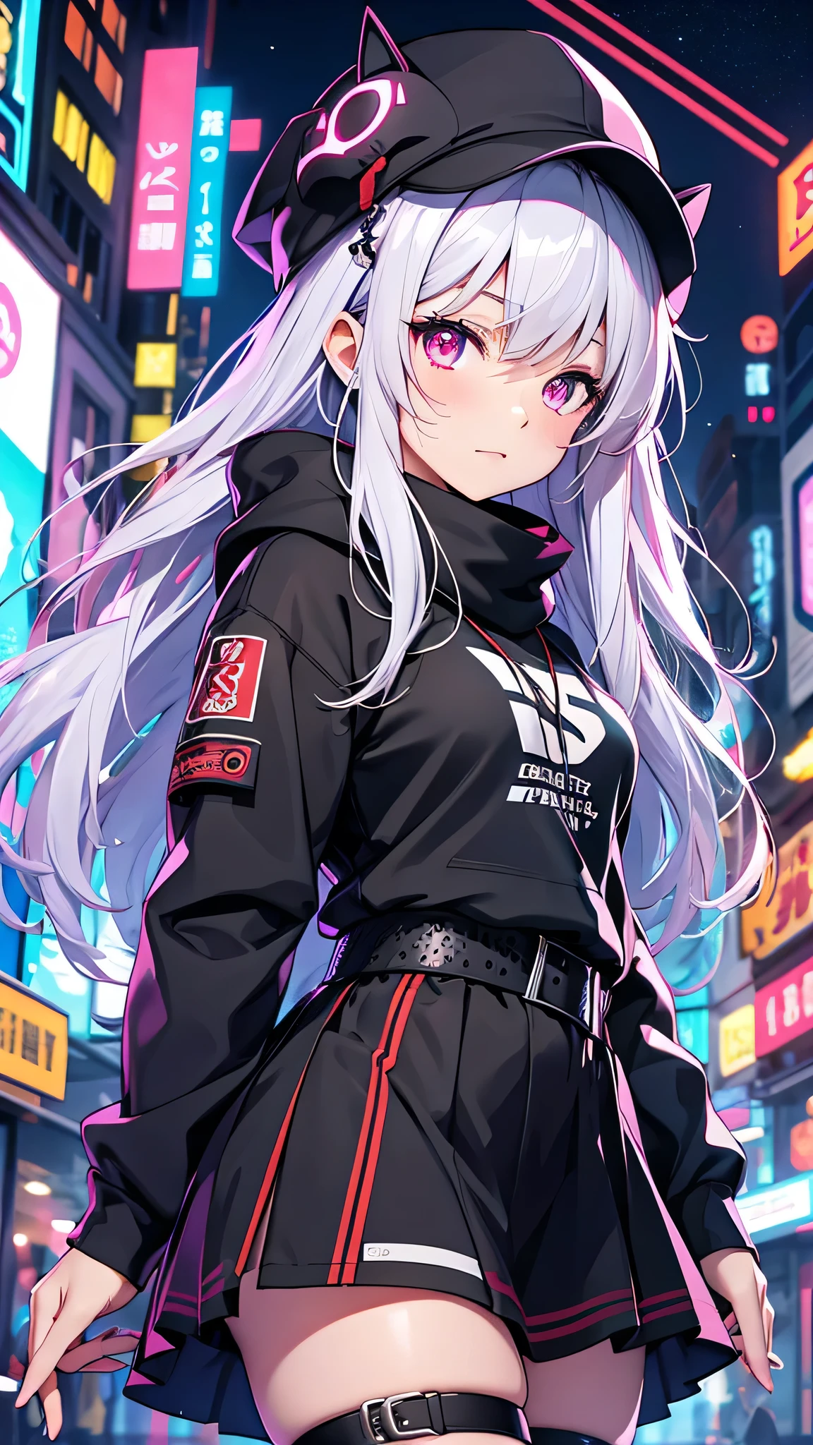 最high quality、Best image quality、masterpiece、girl((18-year-old、 By becoming、Best Bust、Medium Bust,Wide open breast tea、Red glowing eyes,Silver Hair、Disheveled Hair、Long Hair、thin,The highest valley、Open chest、Luminous Wristbands、hat、hair ornaments、luminous necklace、Black sleeveless hoodie(1:2)、Blue short skirt、Disheveled clothing、Show the whole body,Low - Angle、Hacker-like、sweating、lure、Black cute mask、Leaning against a wall、Black scarf)),high quality、Beautiful art、background((Neon Town、Neon Light、Neon interior at night))、Flight、Flying debris、Written boundary depth、movie、Visual Arts、Perfect art、8K,Genuine、