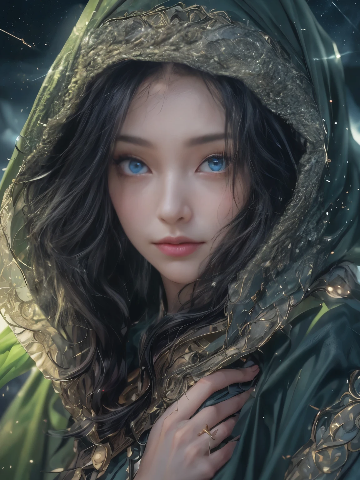 ((((masterpiece, Best Quality, High resolution)))), extremely detailed 8K, {(1 girl:1.6), sexy Beautiful girl with slim body, black mage:1.3}(Ultra HD, Ultra-detailed, Highly detailed, Highly realistic, Ultra-realistic, photos realistic),{ deep depth of field, (god ray:1.2), (bounced front lighting:1.1), (soft diffused lighting:1.6) } (1girl:1.5), black long hair, (dynamic sexy poses), (very delicate and natural hair:1.3), facing at camera, light smile, (firm bouncing breasts: 1.6), (very delicate and natural face, very delicate and natural eyes:1.3),(very delicate and natural clothes:1.2),(cristal blue eyes:1.2),{wearing green (long cape:1.6)}, {(night:1.2) outside, a lot of (lightnings:1.2) in (night:1.5) sky:1.3}, (black roses, night rose garden:1.2)