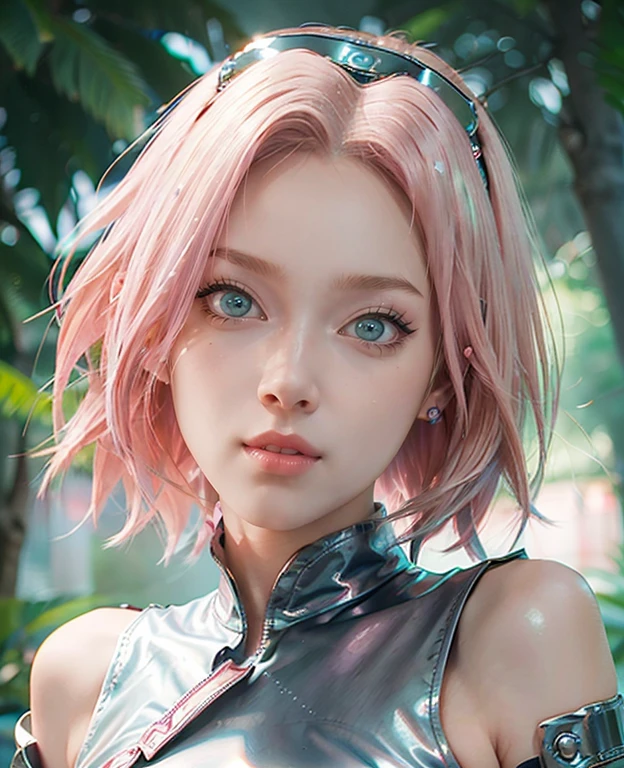 young woman, short shoulder-length pink hair, wide forehead, porcelain skin, pink eyebrows, big emerald green eyes, buttoned nose, full lips, heart-shaped face, slender body, small breasts, leather military green clothing, Sakura Haruno , realistic, Realism, details, 3d, well detailed.