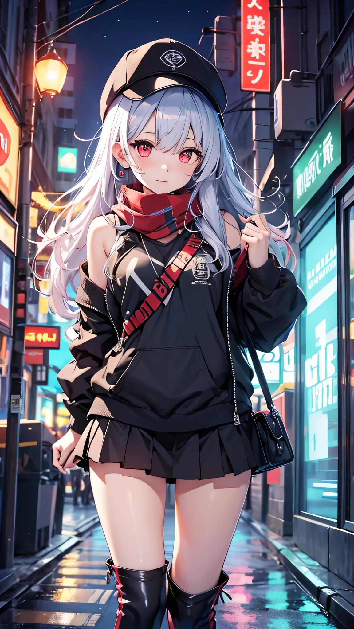 最high quality、Best image quality、masterpiece、girl((18-year-old、 By becoming、Best Bust、Medium Bust,Wide open breast tea、Red glowing eyes,Silver Hair、Disheveled Hair、Long Hair、thin,The highest valley、Open chest、Luminous Wristbands、hat、hair ornaments、luminous necklace、Black sleeveless hoodie(1:2)、Blue short skirt、Disheveled clothing、Show the whole body,Low - Angle、Hacker-like、sweating、lure、Black cute mask、Leaning against a wall、Black scarf)),high quality、Beautiful art、background((Neon Town、Neon Light、Neon interior at night))、Flight、Flying debris、Written boundary depth、movie、Visual Arts、Perfect art、8K,Genuine、