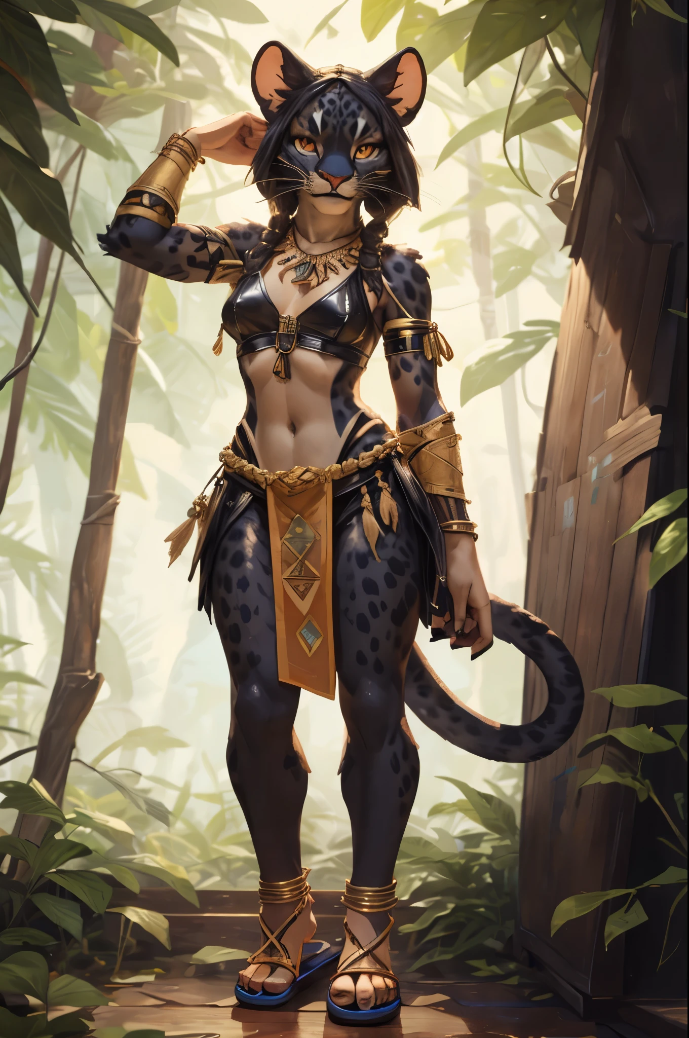 (((Barefoot furry character, full body, cinematic setting, furry female, plantigrade, wearing leather anklets, wearing sandals))) stealthy and agile ((panther)) anthro with ((sleek black fur)) and piercing amber eyes. Clad in tribal-inspired attire with dart motifs symbolizing curare's traditional use in blow darts. The figure stands barefoot in a dense rainforest setting, surrounded by vines and exotic plants like Strychnos toxifera, used in curare preparation by indigenous tribes. BREAK, detailed background, 8K, (masterpiece:1.5), intricate details, highly detailed, extreme detail, octane render, fine art, best quality, highres, (detailed face:1.5), ((full_body)), UHD, (((perfect hands))), low light