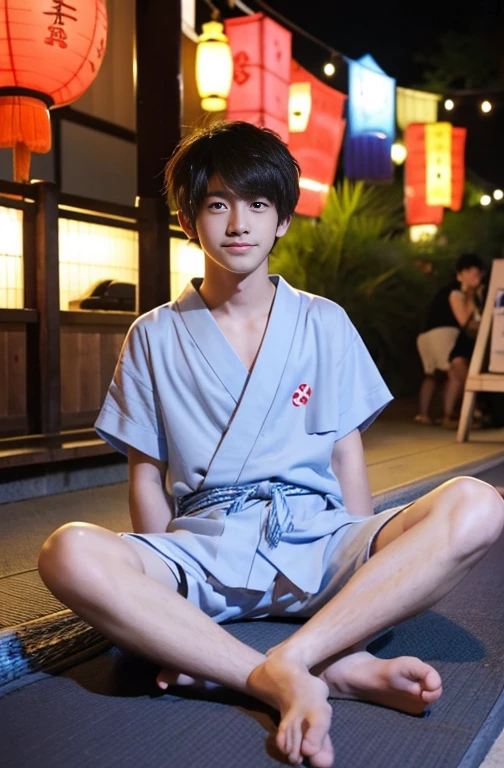Beautiful boy、Cute Boys、20-year-old、japanese boy、Sitting with legs crossed、Spread your legs、Summer festival、yukata、night、geta