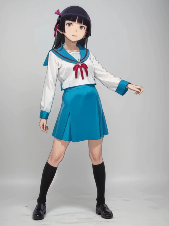 (ruri gokou), masterpiece, highest quality, Very detailed,
(north high school uniform), alone, One girl, Cosplay, skirt, serafuku, blue skirt, Sailor collar, long hair, Hime cut, Black Hair, shoes下, blue Sailor collar, ribbon, Knee-high, Winter clothes, Long sleeve, black shoes下, Simple Background, shoes, red ribbon, Are standing, pointing, Dynamic pose, Black footwear, View your viewers,