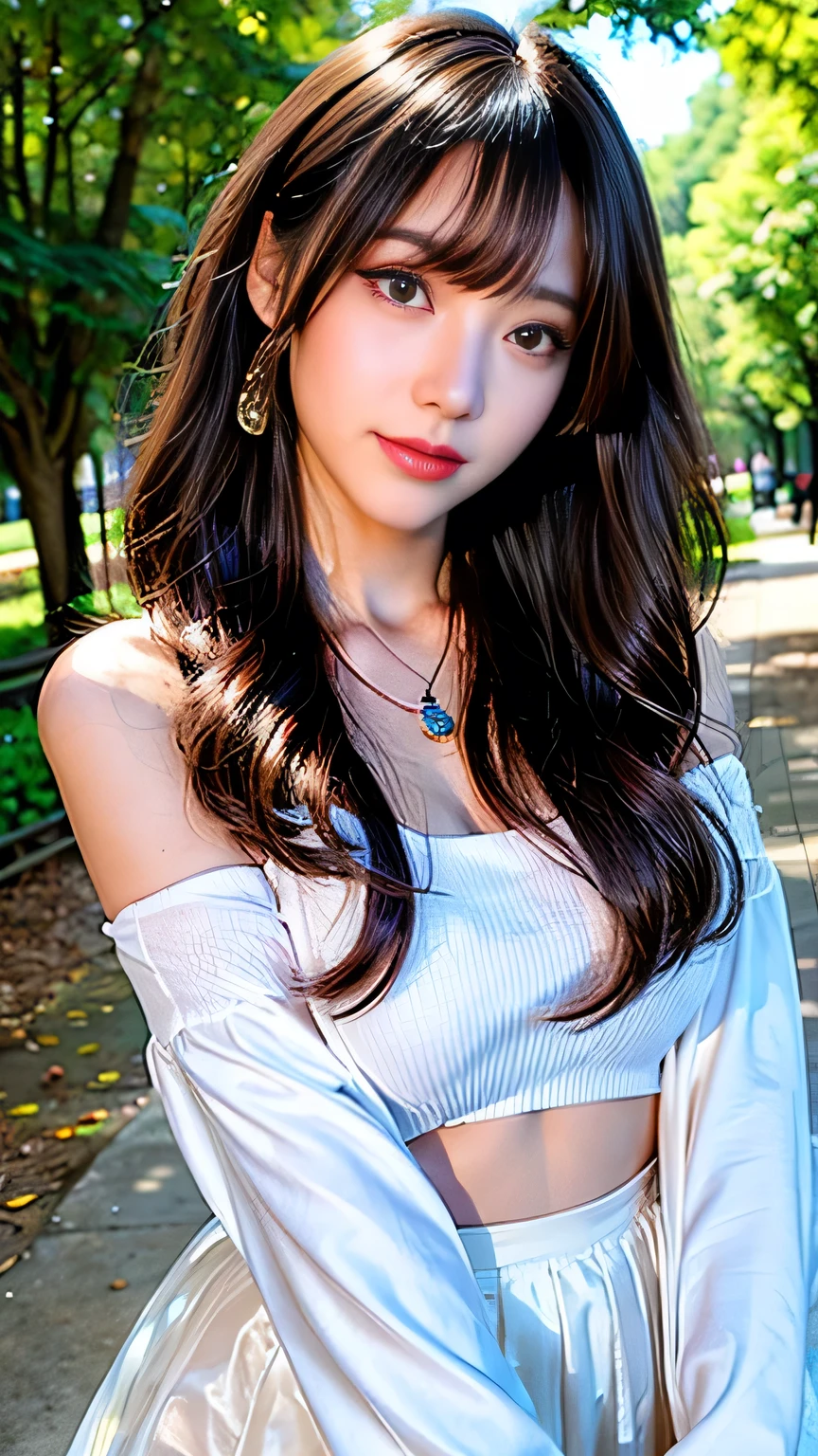 ((highest quality、8K、Masterpiece: 1.3))、concentrate: 1.2、Cute Girl 1、Nipple erection、Perfect beauty: 1.4、Colorful off-the-shoulder T-shirtini skirt: 1.2、Long sleeve、Randall Color、Comics&Text Graphics、Black ruffle trim drawstring zip blouse、1.1、Highly detailed face and skin textures、fine grain、double eyelid、Whitening skin、highest quality、Ultra-high resolution、you、One girl、one person、_Shiny skin、Iris、necklace、Full body angle、walk in the park、 ((Brown_length_Wavy_hair)),(lips))、eyelash、bangs、process、Correction、Shine、pores、Skin type、Big Breasts、smile、lively、Selfie