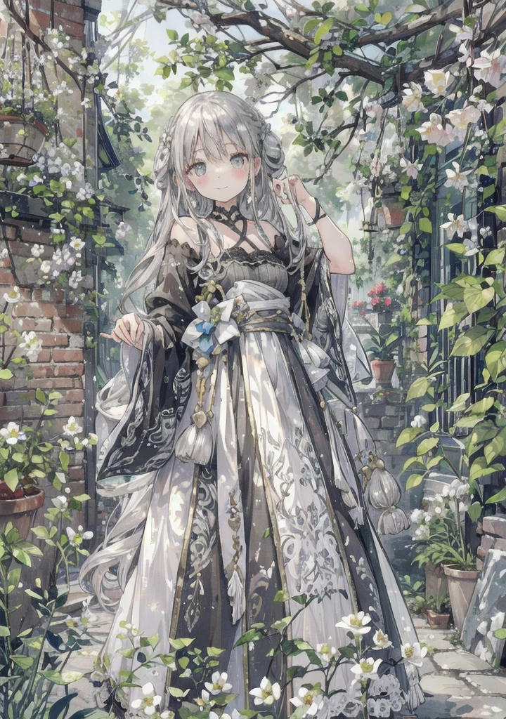 natural lighting, gentle smile, upturned cheeks, slightly shining silver gray hair, coquettish hair, half up do, silky luster, plants, flowers, spring ephemerals,