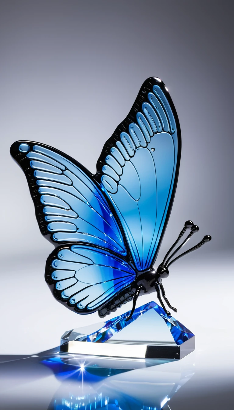 A detailed, beautiful statue of a blue butterfly made of crystal glass, with the light reflecting off its delicate wings.