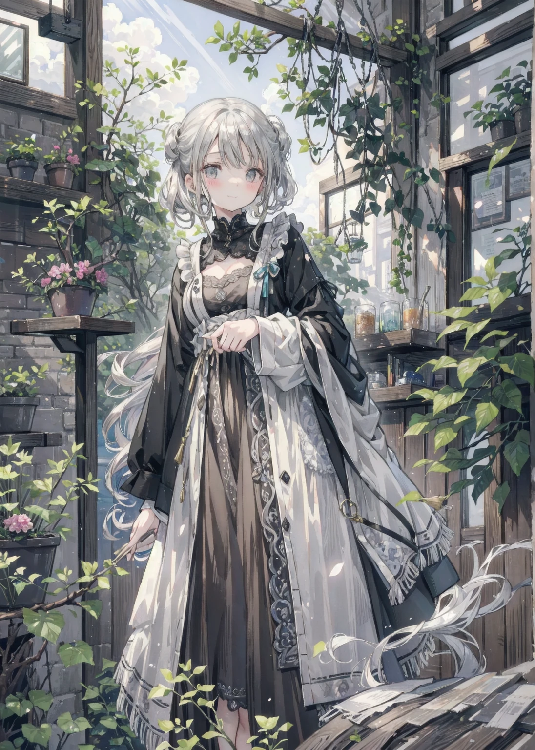natural lighting, gentle smile, upturned cheeks, slightly shining silver gray hair, coquettish hair, half up do, silky luster, plants, flowers, spring ephemerals,