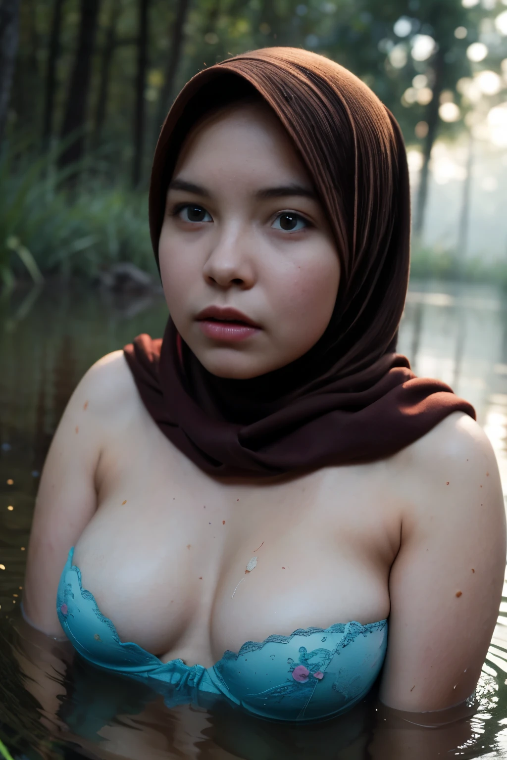 ((Chubby:1.3)), ((HIJAB)), WEARING STRAPLESS PATTERN FLORAL BRA, (Best Quality, hight resolution, Realistic:1.37), Detailed face and expression, The Frightened Woman, pixie cut, sickly, Worn-out appearance, Swamp environment, standingn, Seductively drowning in a swamp, Distressed flared satin, cloudy water, Sinking Feeling, gloomy atmosphere, Foggy surroundings, dark shadows, A Surreal Touch, soft-lighting, creepy ambiance, can't cope with shame