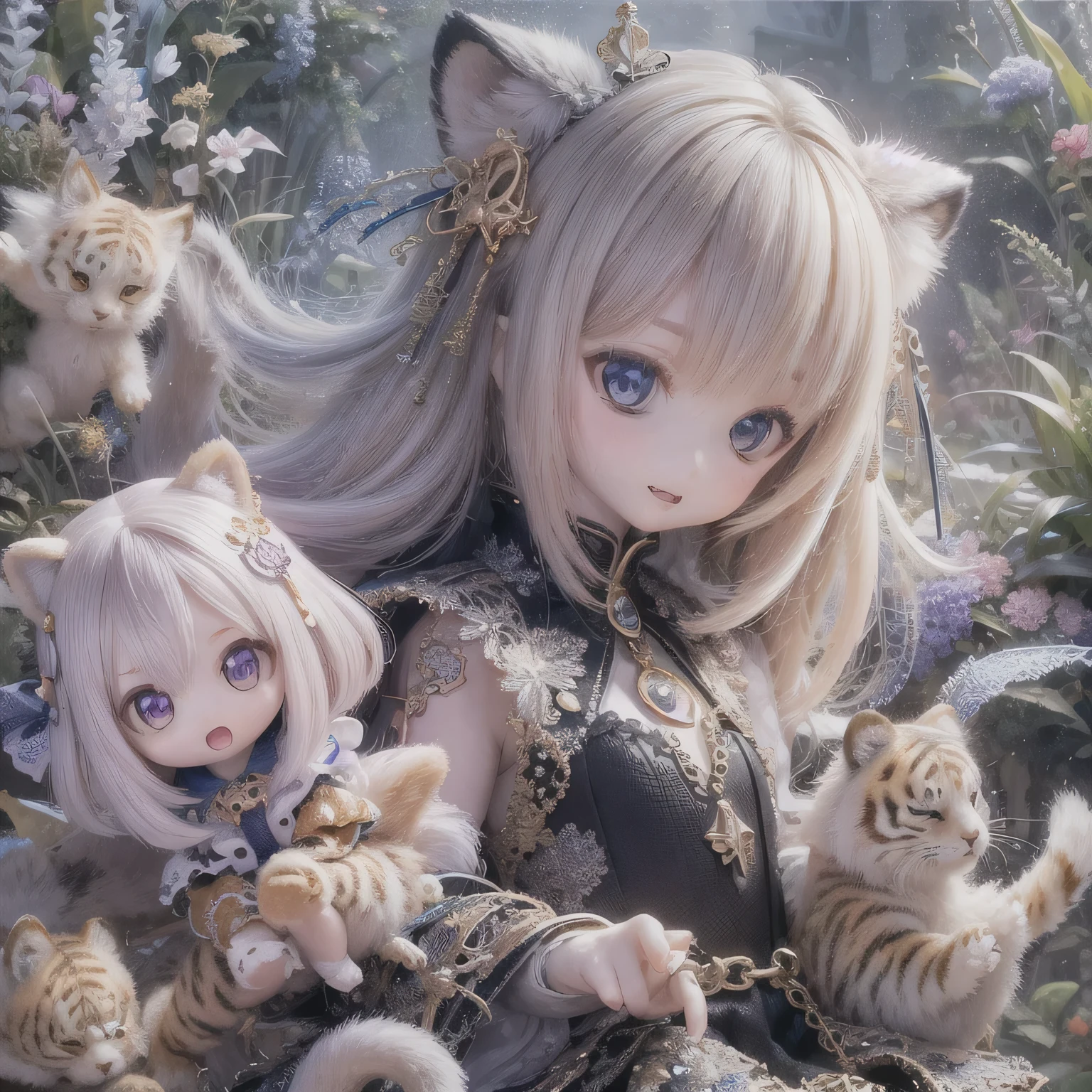 highest quality,Super detailed,Portrait,realistic,running white tiger girl,chibi style,sparkling eyes,colorful costumes,playful expression,fluffy white fur,There are tiger stripes on the cheeks,cute running pose,furious speed,Beautiful garden background,bright and vibrant colors,lively atmosphere,dynamic composition,feeling happy and energetic,anime art style,soft lighting,Shadows that add depth and three-dimensionality,Attractive eye-catching artwork,curves and exaggerated features,Expressive emotions and gestures,A whimsical and magical atmosphere,captivating and fun scenes,Captivating and captivating artwork