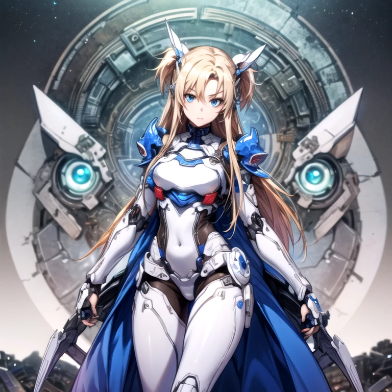 highest quality、unity 8k wallpaper、32k、masterpiece、Very detailed、Ultra-high resolution、Ultra-high resolution、Android Yuuki Asuna、Knights of the Blue Blood、Androidization、Robot Girl、Blue and white armor with dressy mechanical limbs、thigh、Big Breastecha musume、Machinery Parts、Super complexly expressedRobot Joints、Robot Joints、Robot Fingertips、Single Mechanical Arm、Mechanical Arm、headgear、headset、Detailed mechanical body、Mechanical corset covered with detailed armor.、Stiletto heels、Realistic and complex camera eye、A complex fusion of body and machine、Legs covered in white and blue armor、Robotic knee joint、Mechanically generated fingers、Eyes like a mechanical camera、Anatomically correct machine、The whole body is covered in machinery、Clad in blue and white armor、Beautiful posture、Princess Half-Up Hairstyle、(((Part of the thigh is flesh colored)))、