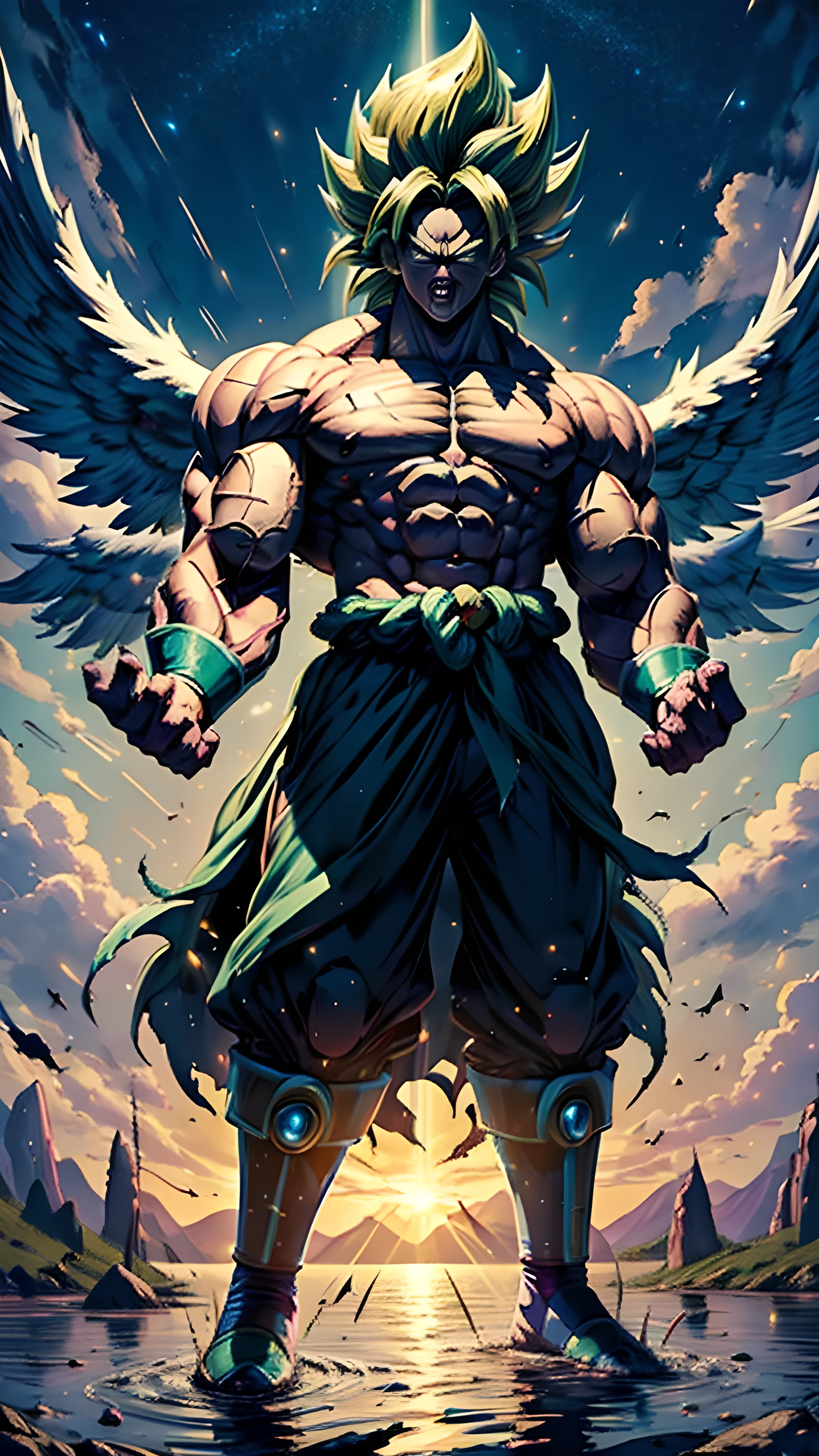 Broly transformed into legendary super Saiyan with angel wings flying over a lake at night, Broly, dbz, muscular, legendary super Saiyan, wings, perfect hands, detailed face, full body, image clarity, light and shadow correction, sharp, hd, masterpiece, high resolution,