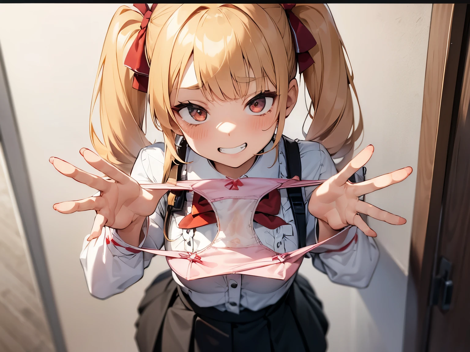1girl,
Laundry room, laundry bascket, a few underwears are in a laundry bascket,
blonde hair, {{{half twin tail:1.3}}}、BREAK,red blush, Bow, Red bow, Long sleeves, Shirt, Collared shirt, Skirt, Pleated skirt, Black skirt, tiny chest,
,Upper body,,Focus on panties,Fine underwear,
Looking down,Look at the viewer,
Presenting Panties,
masutepiece, Best Quality, , absurderes, Perfect Skin, Detailed skin texture, ultra-detailliert, 8K, Intricate details, beautifull detailed face,hight resolution,
{{{shaded face}}}, mock, {{{clenched teeth:1.2}}}, grin, smile, looking down at viewer, masterpiece,absurderes, beautiful detailed face
From the front,