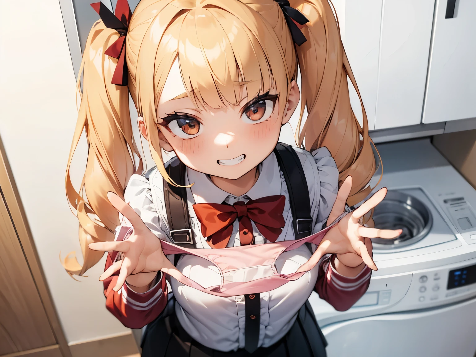 1girl,
Laundry room, laundry bascket, a few underwears are in a laundry bascket,
blonde hair, {{{half twin tail:1.3}}}、BREAK,red blush, Bow, Red bow, Long sleeves, Shirt, Collared shirt, Skirt, Pleated skirt, Black skirt, tiny chest,
,Upper body,,Focus on panties,Fine underwear,
Looking down,Look at the viewer,
Presenting Panties,
masutepiece, Best Quality, , absurderes, Perfect Skin, Detailed skin texture, ultra-detailliert, 8K, Intricate details, beautifull detailed face,hight resolution,
{{{shaded face}}}, mock, {{{clenched teeth:1.2}}}, grin, smile, looking down at viewer, masterpiece,absurderes, beautiful detailed face
From the front,