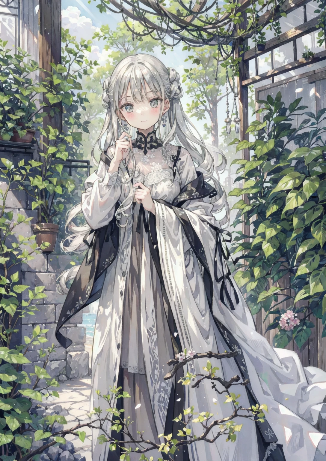 natural lighting, gentle smile, upturned cheeks, slightly shining silver gray hair, coquettish hair, half up do, silky luster, plants, flowers, spring ephemerals,