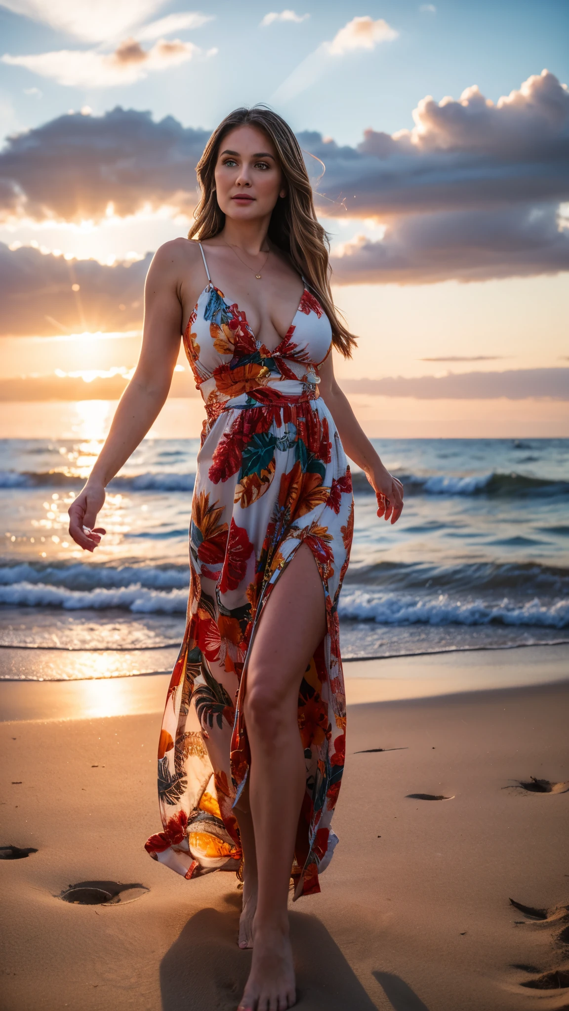 A pretty woman, straight hair, saggy breasts, wearing casual printed tropical pattern maxi dress, barefoot, long legs, full body, sunset at santa monica beach, dynamic light, masterpiece, ultra detailed, movie scene, dramatic photo, perspective angle, vignette, cinematic, candid