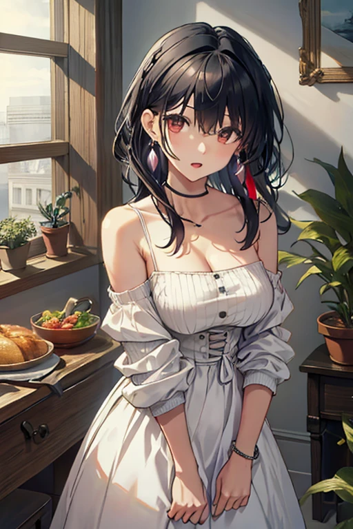 masterpiece, 1girl, Amazing Cleavage:1.3, thin waist, big ass, Raised sexy, medium breast:1.3,posed cleavage:1.2,solo, looking at viewer, open mouth, have a cup of coffee,black hair, red eyes, dress, bare shoulders, jewelry, collarbone, sidelocks, hairband, earrings, indoors, off shoulder, :o, sweater, arms behind back, plant, short hair with long locks, white hairband, off-shoulder dress, sweater dress, off-shoulder sweater, red sweater, big side hair, very long side hair,is rendered in (masterpiece: 1.2, best quality), with (ultra high resolution) and an exquisite (depth of field). This masterpiece is not only visually stunning but also tells, make of cooking some cakes ,in the kitchen
