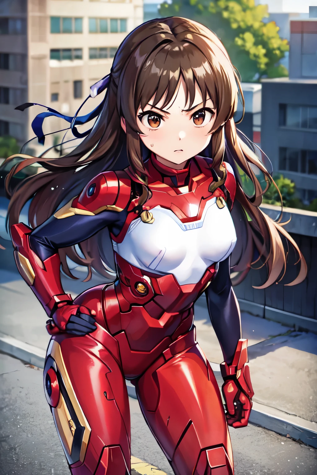 (((Tachibana　Alice、iM@S)))Primary school students、child、Long Hair、((Small breasts、Small breasts、child体型、Angry、injured body、Blue ribbon))、((damaged iron man suit、Crotch crack))、City of night、Rooftop、Boxing stance、8 year old 、Realistic body、battlefield、Fight the enemy、A body covered in scars、Struggled、Sweating profusely