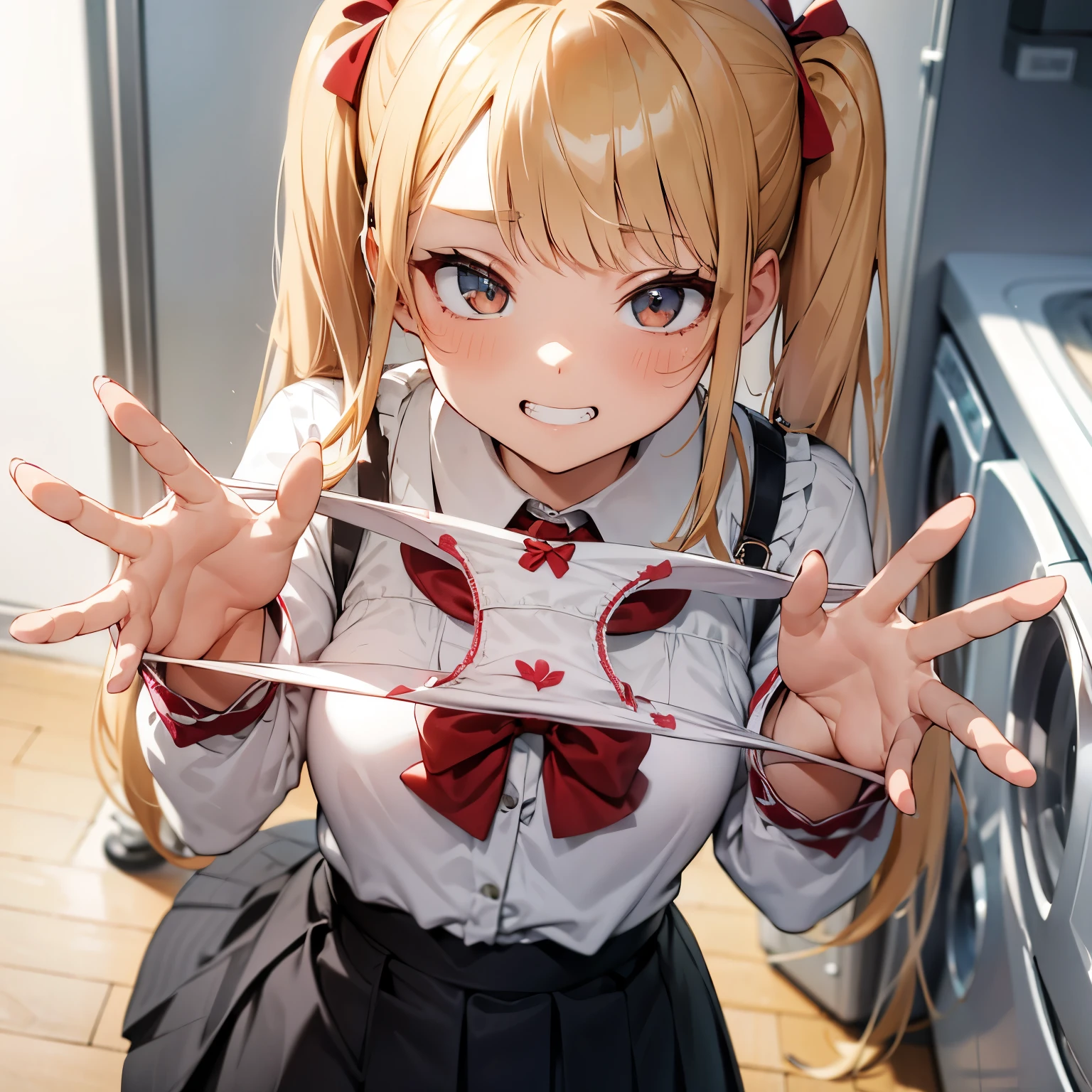 1girl,
Laundry room, laundry bascket, a few underwears are in a laundry bascket,
blonde hair, {{{half twin tail:1.3}}}、BREAK,red blush, Bow, Red bow, Long sleeves, Shirt, Collared shirt, Skirt, Pleated skirt, Black skirt, tiny chest,
,Upper body,,Focus on panties,Fine underwear,
Looking down,Look at the viewer,
Presenting Panties,
masutepiece, Best Quality, , absurderes, Perfect Skin, Detailed skin texture, ultra-detailliert, 8K, Intricate details, beautifull detailed face,hight resolution,
 {{{shaded face}}}, mock, {{{clenched teeth:1.2}}}, grin, smile, looking down at viewer, masterpiece,absurderes, beautiful detailed face
From the front,