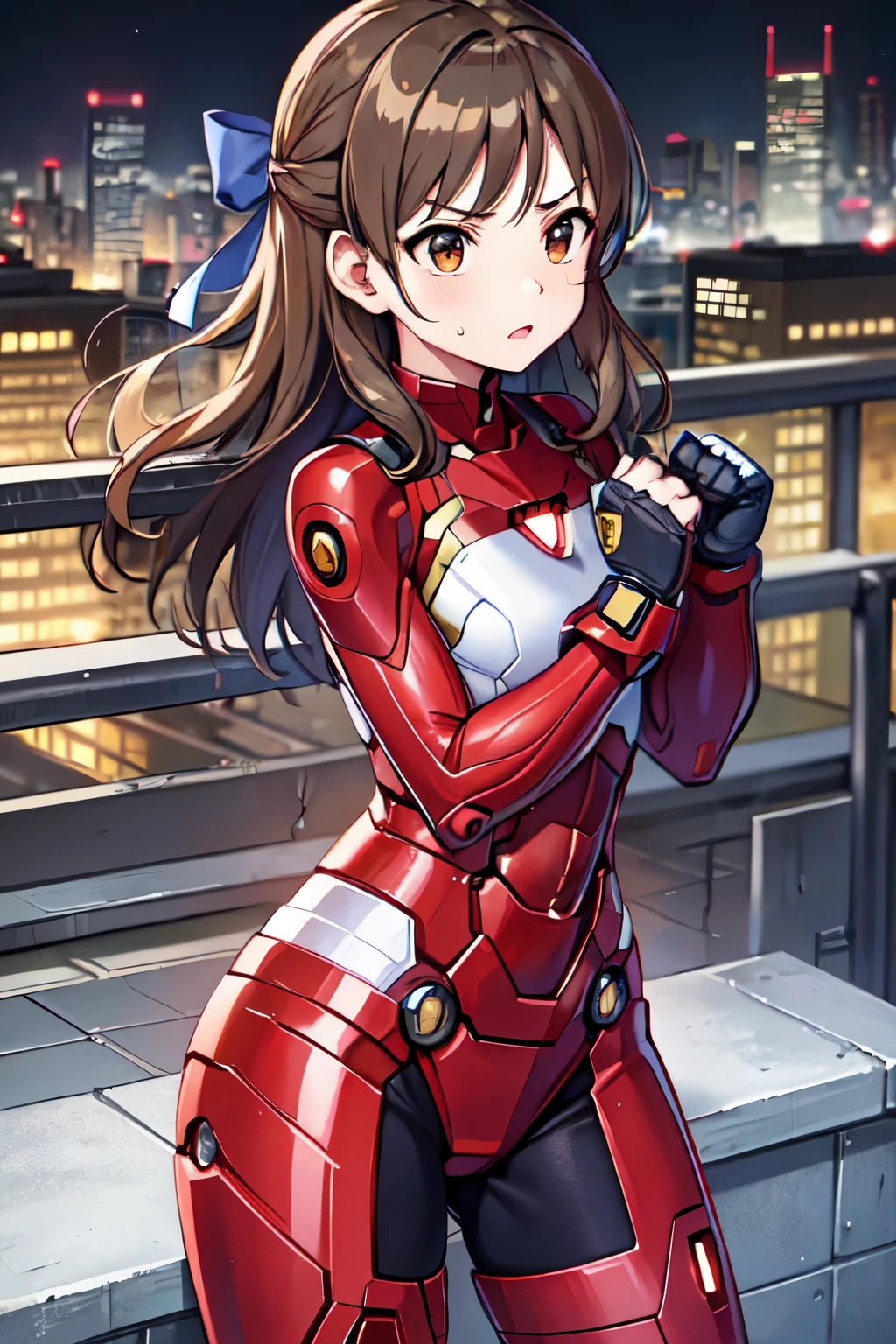 (((Tachibana　Alice、iM@S)))、child、Long Hair、((Smallsts、Small breasts、child体型、Angry、injured body、Bibbon))、((damaged iron man suit、Crotch crack))、City of night、Rooftop、Boxing stance、8 year old 、Realistic body、battlet the enemy、A body covered in scars、Struggled、Sweating profusely