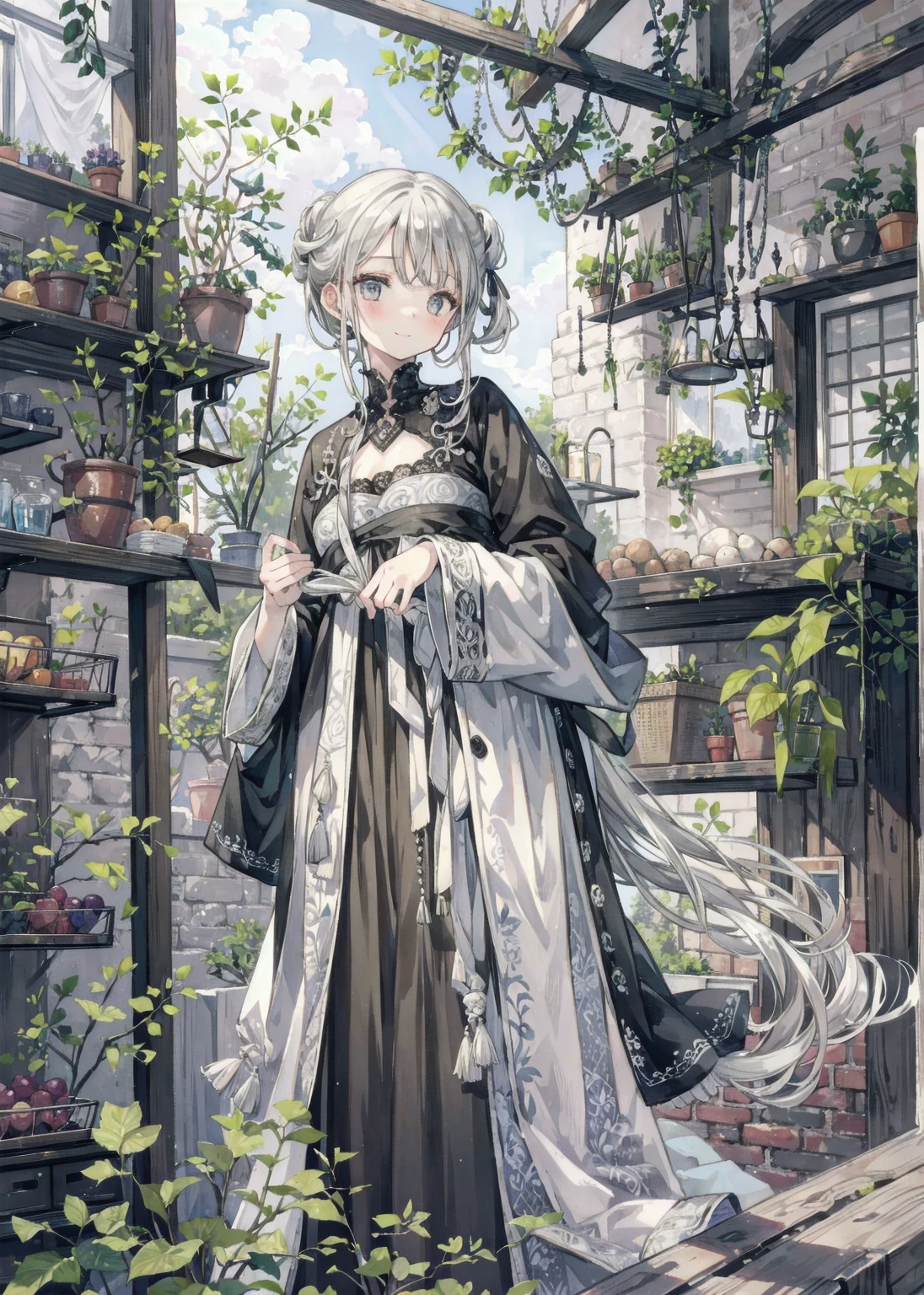 natural lighting, gentle smile, upturned cheeks, slightly shining silver gray hair, coquettish hair, half up do, silky luster, plants, flowers, spring ephemerals,