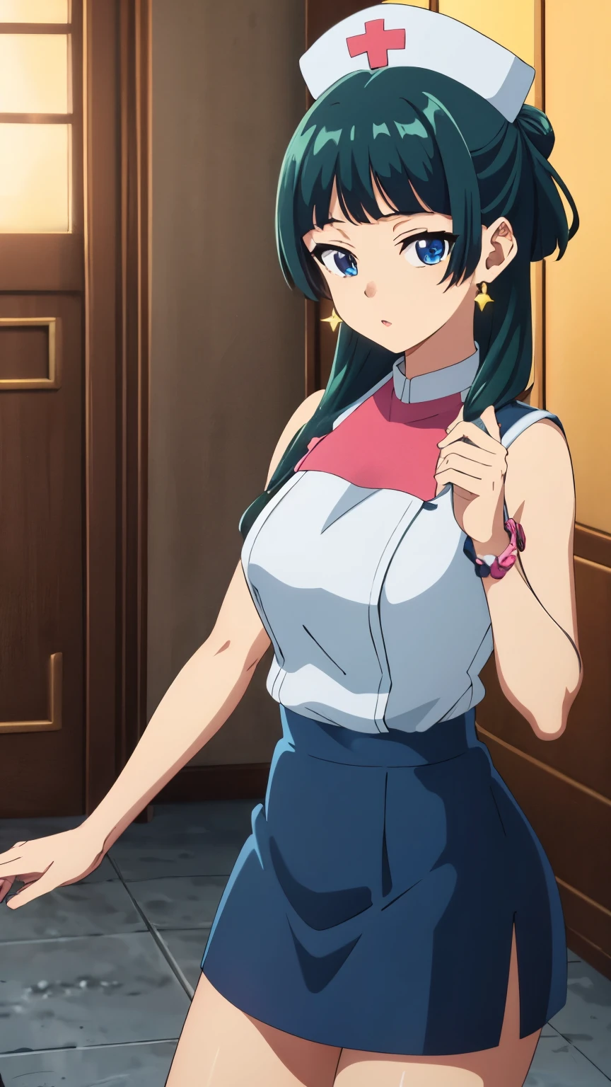 Top quality (8k, high resolution, masterpiece: 1.2), super detailed, anime art style, dynamic angle, teen style, (Nurse uniform, nurse hat, sleeveless, short skirt, indoor), detailed green hair, detailed blue eyes, intricate hairstyle, long hair , slim body, sparkling eyes, youthful, hair accessories, earrings, half-updo, slightly dull bangs, detailed lighting, bright colors, looking at the viewer, in the center of the image, cowboy shot,