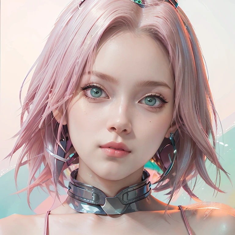 young woman, short shoulder-length pink hair, wide forehead, porcelain skin, pink eyebrows, big emerald green eyes, buttoned nose, full lips, heart-shaped face, slender body, small breasts, leather military green clothing, Sakura Haruno , realistic, Realism, details, 3d, well detailed.