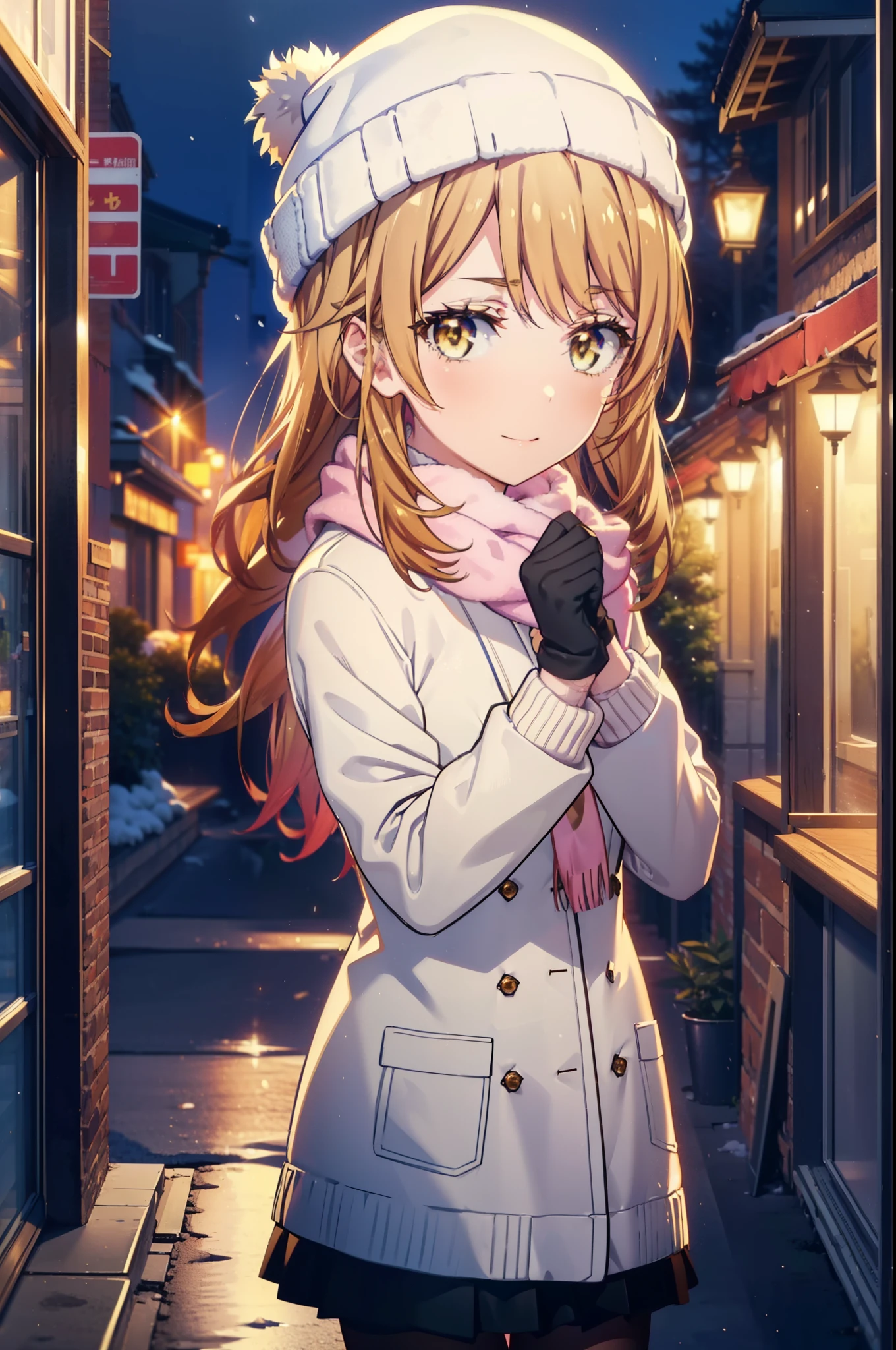 irohaisshiki, Iroha Isshiki, Long Hair, Brown Hair, (Brown eyes:1.5), Hair between the eyes, Pink Hair,happy smile, smile, Open your mouth,Knitted hat,Yellow coat,White scarf,White sweater,He has fluffy gloves on both hands..,Long skirt,Black pantyhose,short boots,Shirogane World,Snow is piled up,it&#39;s snowing,It&#39;s snowing,winter,Cold Sky,moonlight,full moon,night,
break looking at viewer, whole body, Upper Body,(Cowboy Shot:1. 5)
break outdoors, city,Building Street,
break (masterpiece:1.2), highest quality, High resolution, unity 8k wallpaper, (shape:0.8), (Fine and beautiful eyes:1.6), Highly detailed face, Perfect lighting, Highly detailed CG, (Perfect hands, Perfect Anatomy),
