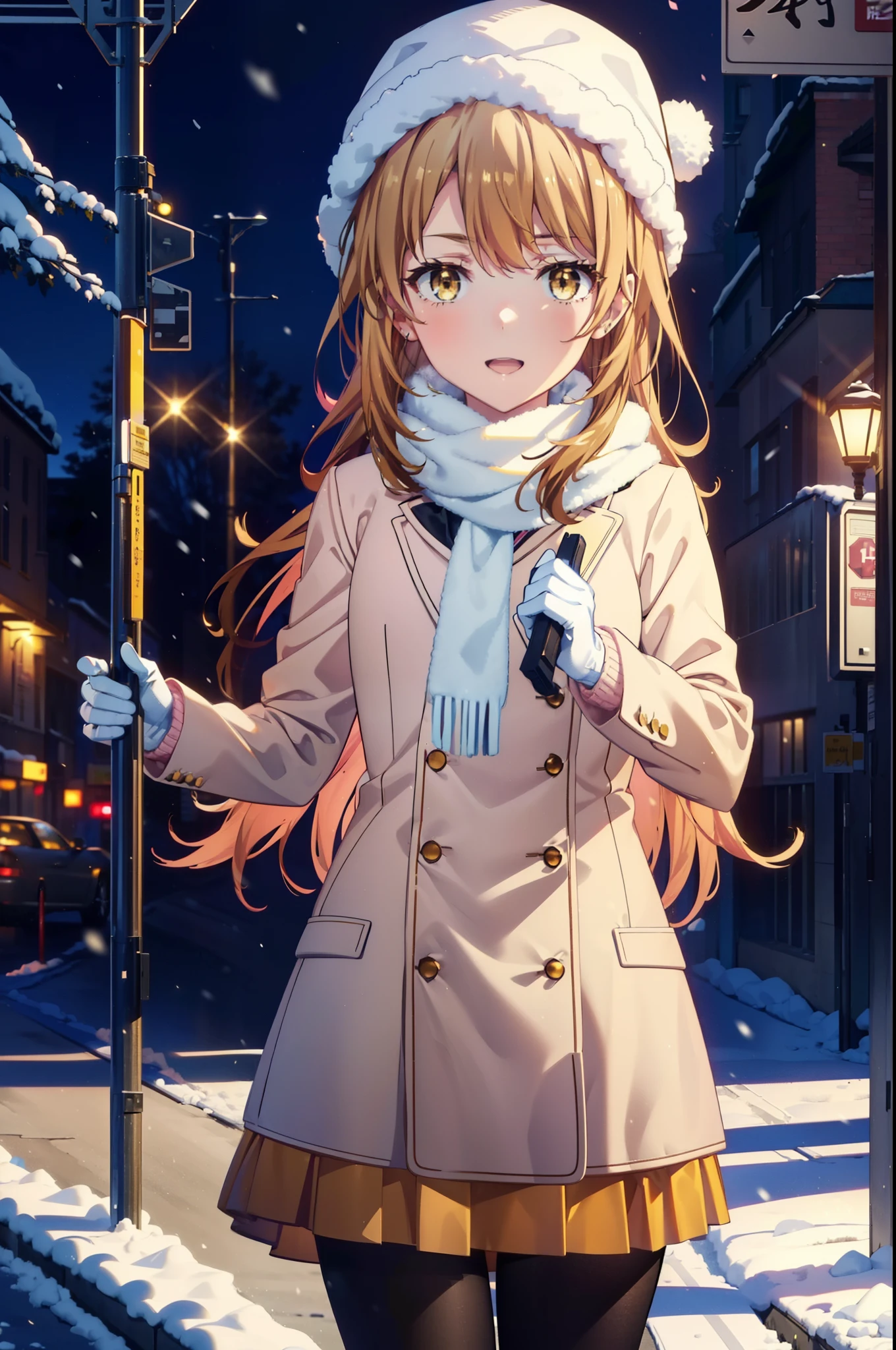 irohaisshiki, Iroha Isshiki, Long Hair, Brown Hair, (Brown eyes:1.5), Hair between the eyes, Pink Hair,happy smile, smile, Open your mouth,Knitted hat,Yellow coat,White scarf,White sweater,He has fluffy gloves on both hands..,Long skirt,Black pantyhose,short boots,Shirogane World,Snow is piled up,it's snowing,It's snowing,winter,Cold Sky,moonlight,full moon,night,
break looking at viewer, whole body, Upper Body,(Cowboy Shot:1. 5)
break outdoors, city,Building Street,
break (masterpiece:1.2), highest quality, High resolution, unity 8k wallpaper, (shape:0.8), (Fine and beautiful eyes:1.6), Highly detailed face, Perfect lighting, Highly detailed CG, (Perfect hands, Perfect Anatomy),