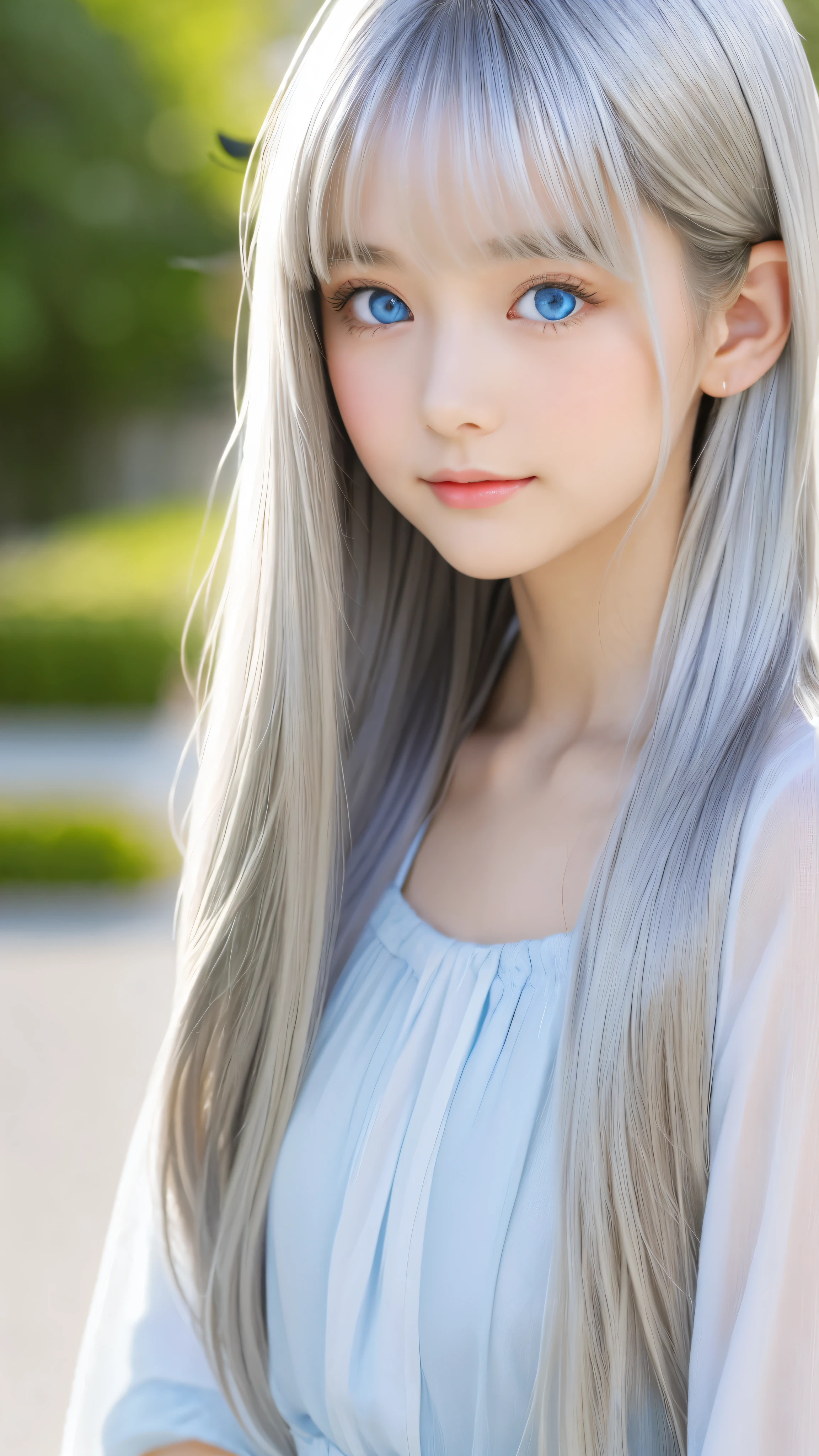 Shining, clear, white skin、Her windblown silver hair hides her beautiful face.、huge、28 years old cute sexy little beautiful face、Beautiful straight hair that stands out、growing up, Sparkling light blue eyes、long silky bangs that cover cute eyes, Sexy and cute young woman with super long hair hiding her sexy face、Shining silver hair