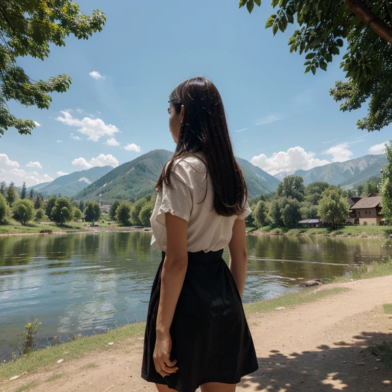 The girl saw her village from afar, she was on a hill, her village was at the foot of a mountain next to a river/lake. Two large trees are to the right and left of the girl. view from behind of girl