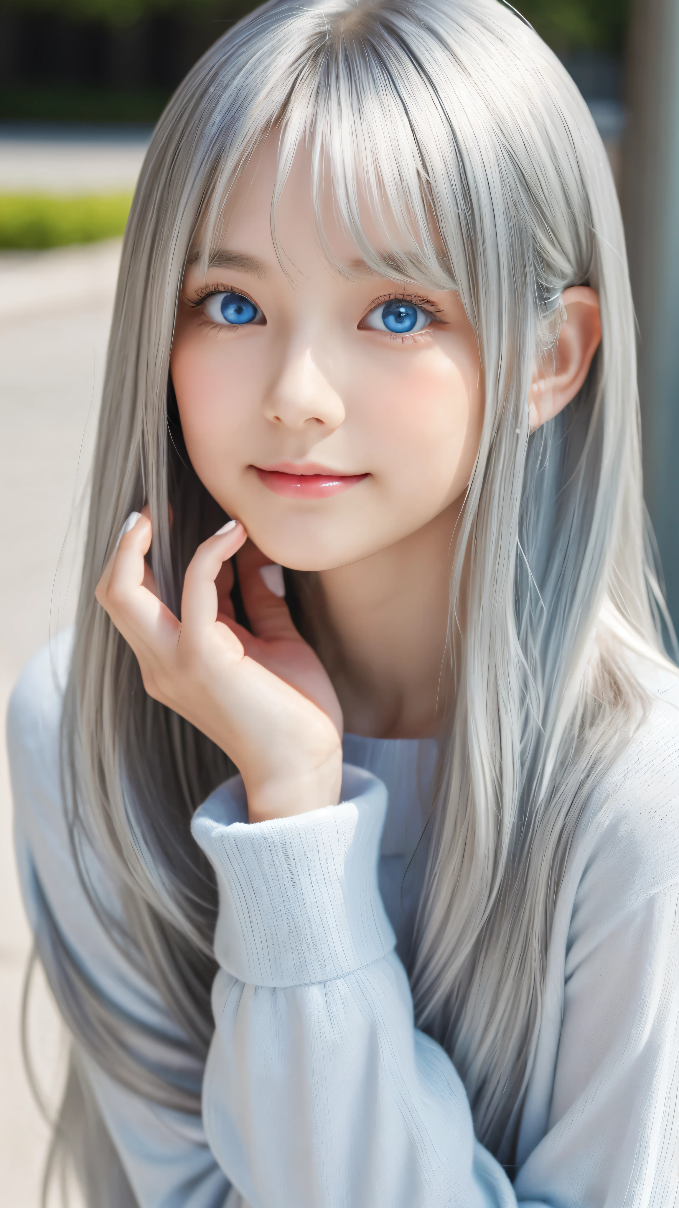 Shining, clear, white skin、Her windblown silver hair hides her beautiful face.、huge、28 years old cute sexy little beautiful face、Beautiful straight hair that stands out、growing up, Sparkling light blue eyes、long silky bangs that cover cute eyes, Sexy and cute young woman with super long hair hiding her sexy face、Shining silver hair