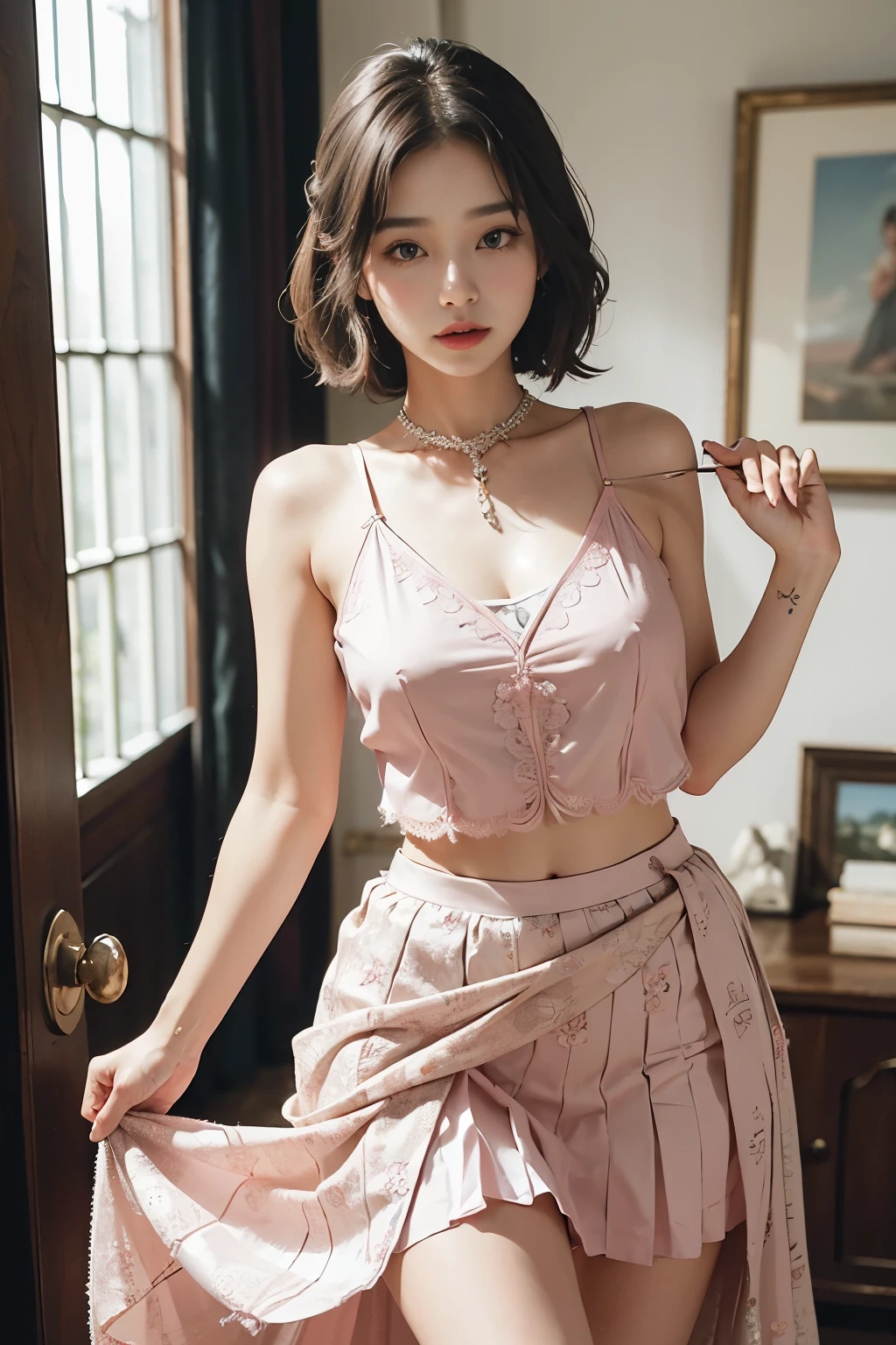 One stunning girl, adorned in an exquisite pink pure cotton camisole vest and a black pleated skirt, stands before the camera with an air of grace and elegance. The intricate details of her outfit are captured in superb detail in this masterpiece, a true testament to the photo fidelity and realistic rendering of this 8k ultra high definition DSLR shot. The delicate fabric of her camisole vest shimmers under the soft light, and the pleats of her skirt flow gracefully at her feet. The filigree patterns on her skirt are vividly depicted, each line and curve faithfully reproduced, making for a remarkably authentic representation of reality. The girl's