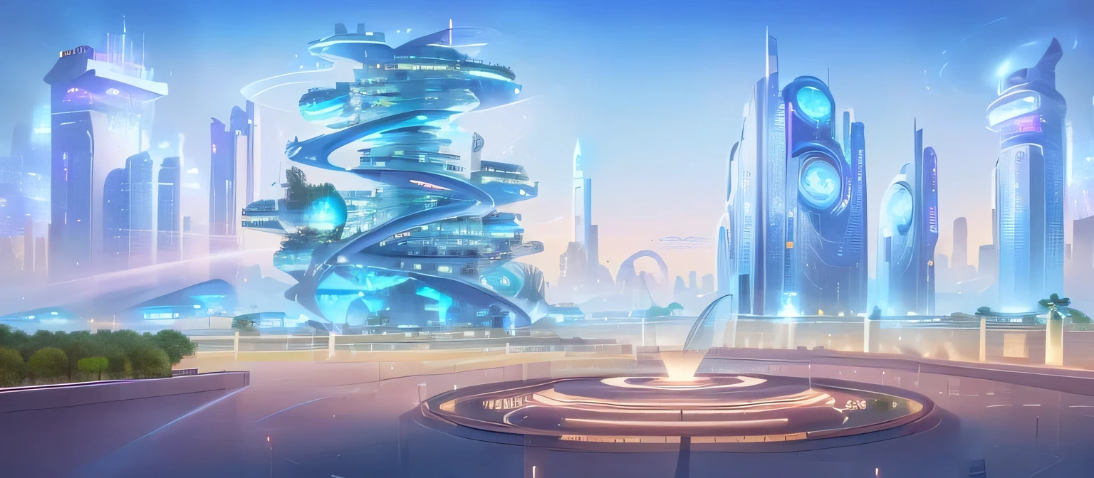 Futuristic city with spiral staircase and fountain in the middle, Future city background, Cybernetic city background, Future city background, Future city in the background, Future city background, A vision of the city of the future, Future Cityscape, Future Utopian City, Future utopian metropolis, Future Cityscape, The metropolis of the future, Future Environment, Future Cityscape