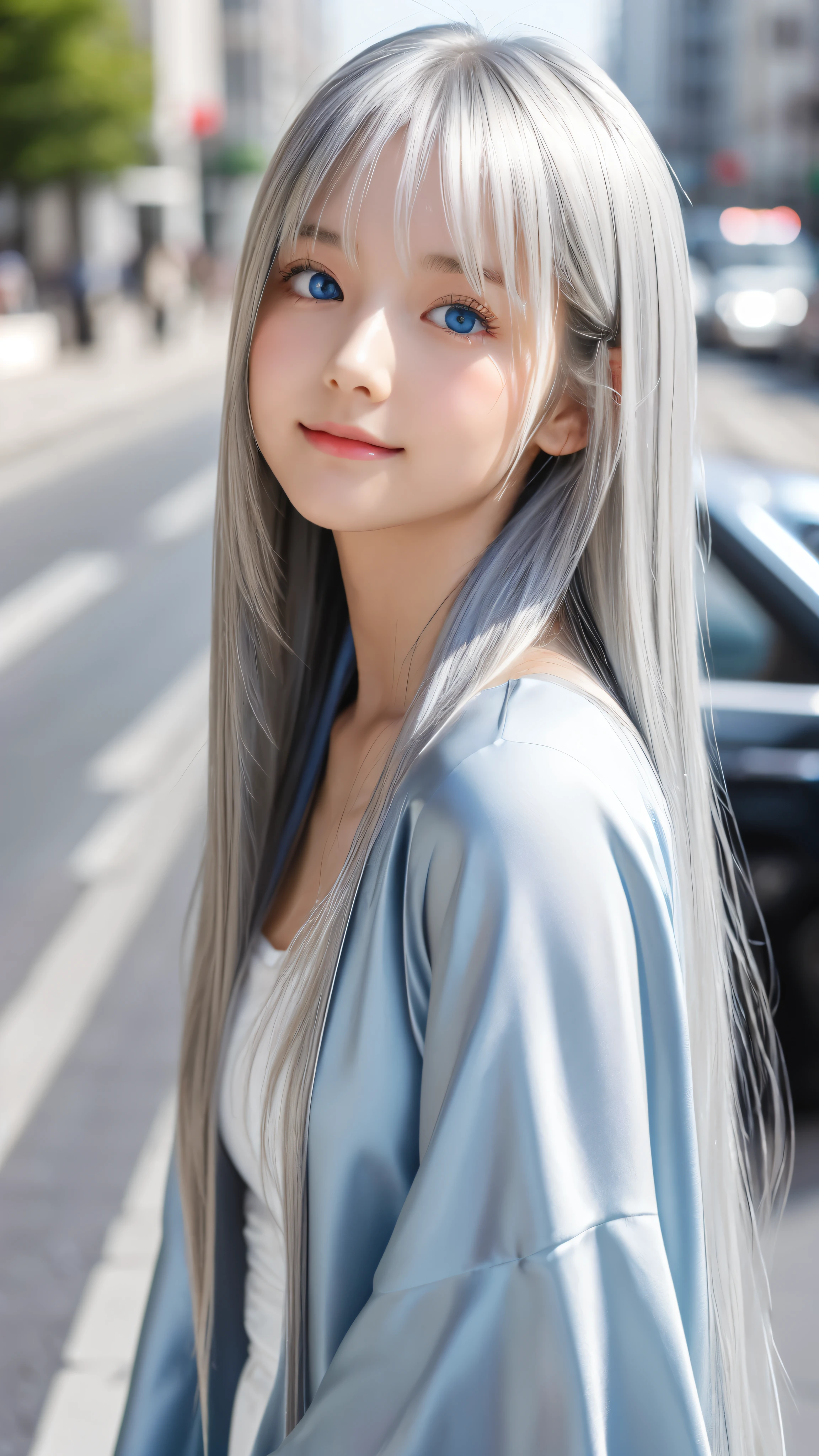 Shining, clear, white skin、Her windblown silver hair hides her beautiful face.、huge、28 years old cute sexy little beautiful face、Beautiful straight hair that stands out、growing up, Sparkling light blue eyes、long silky bangs that cover cute eyes, Sexy and cute young woman with super long hair hiding her sexy face、Shining silver hair