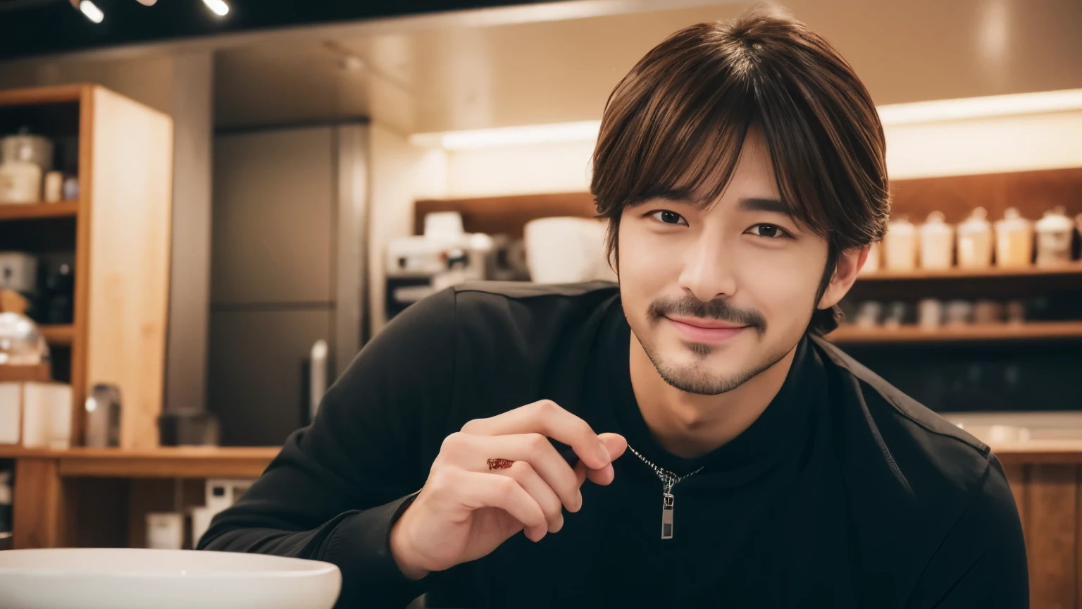 musician、A refreshing, handsome man in his 40s、(Super cool S-class guy)、Japanese Male, 40 years old、、Photographed inside the cafe、a handsome guy、(CG Unity 8K high resolution photo)、(Very detailedSクラスのa handsome guy性)、(Realistic)、(highest quality))、Very detailed、super high quality、expensive、audience、kind person、Very beautiful hair Perm Hair、Bright photo、Handsome like a model、Handsome like an idol、Looking at the camera、inside a stylish cafe、Stubble
