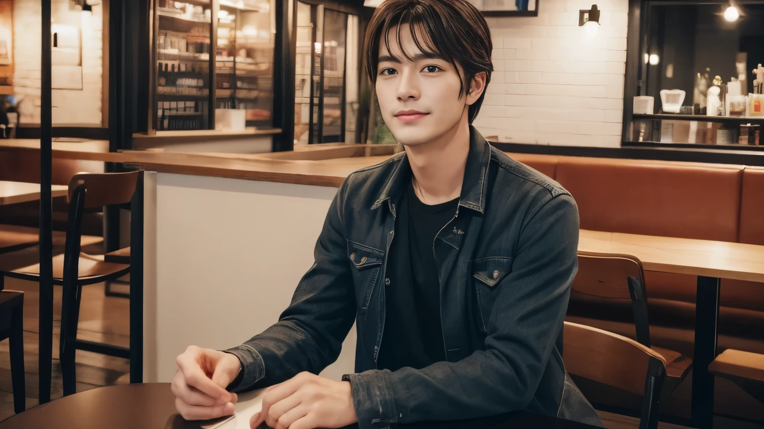 musician、A refreshing, handsome man in his 40s、（Super cool S-class guy）、Japanese Male, 40 years old、、Photographed inside the cafe、a handsome guy、（CG Unity 8K high resolution photo）、（Very detailedＳクラスのa handsome guy性）、（Realistic）、（highest quality））、Very detailed、super high quality、expensive、audience、kind person、Very beautiful hair　Perm Hair、Bright photo、Handsome like a model、Handsome like an idol、Looking at the camera、inside a stylish cafe、Stubble