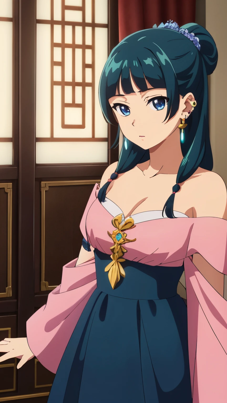 Top quality (8k, high resolution, masterpiece: 1.2), super detailed, anime art style, dynamic angle, teen style, (off shoulder, earrings, indoor), detailed green hair, detailed blue eyes, intricate hairstyle, long hair , slim body, sparkling eyes, youthful, hair accessories, earrings, half-updo, slightly dull bangs, detailed lighting, bright colors, looking at the viewer, in the center of the image, cowboy shot,