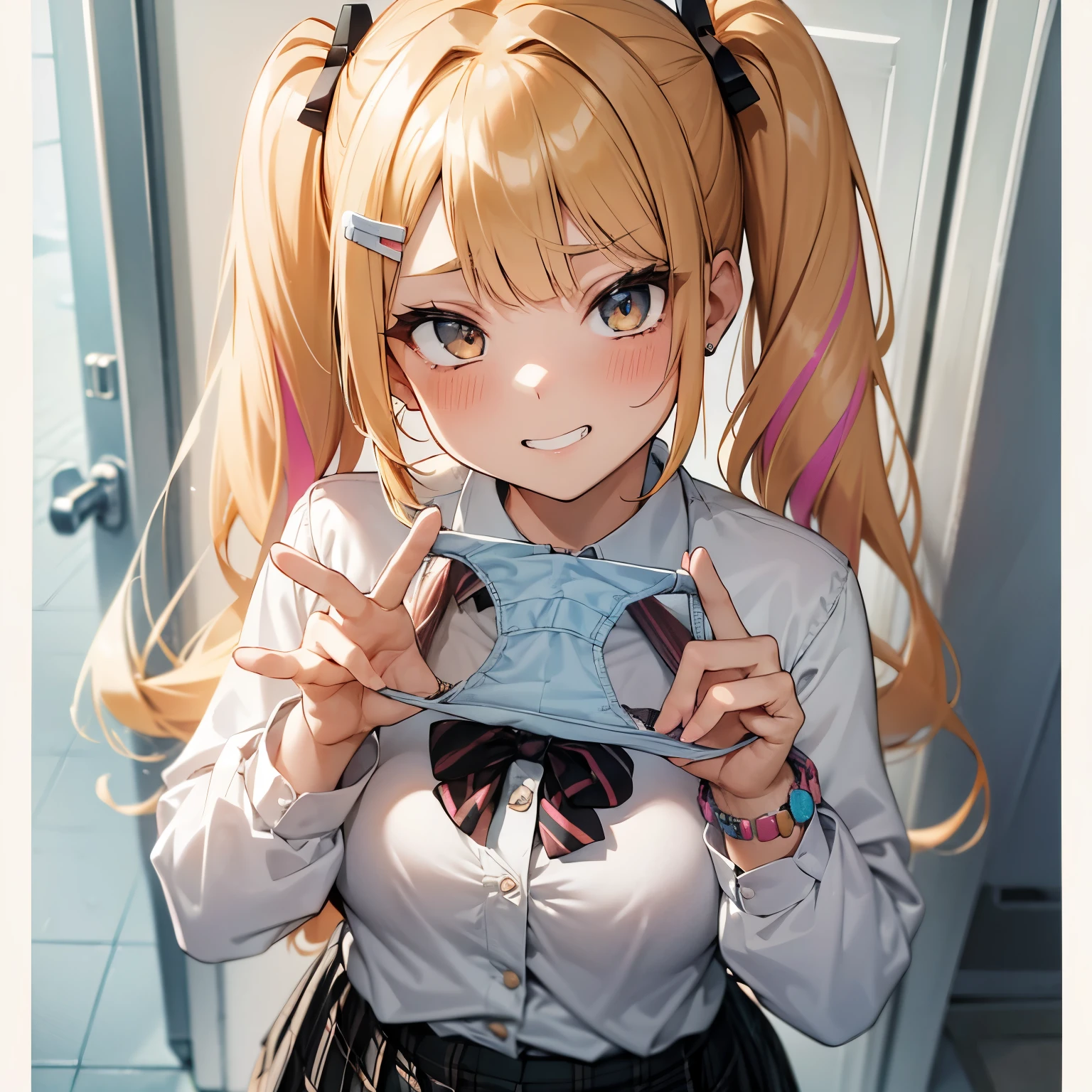 1girl,
Laundry room, laundry bascket, a few underwears are in a laundry bascket,
blonde hair, {{{half twin tail:1.3}}}、BREAK,gyaru, shirt, plaid, bow, blush, white shirt, hair ornament, nail polish, plaid skirt, bowtie, pleated skirt, multicolored hair, blue skirt, jewelry, kogal, bracelet, collared shirt, sweater around waist, hairclip, bangs, jacket around waist, long sleeves, jacket, sweater, plaid bowtie
,Upper body,,Focus on panties,Fine underwear,
Looking down,Look at the viewer,
Presenting Panties,
masutepiece, Best Quality, , absurderes, Perfect Skin, Detailed skin texture, ultra-detailliert, 8K, Intricate details, beautifull detailed face,hight resolution,
 {{{shaded face}}}, mock, {{{clenched teeth:1.2}}}, grin, smile, looking down at viewer, masterpiece,absurderes, beautiful detailed face
From the front,