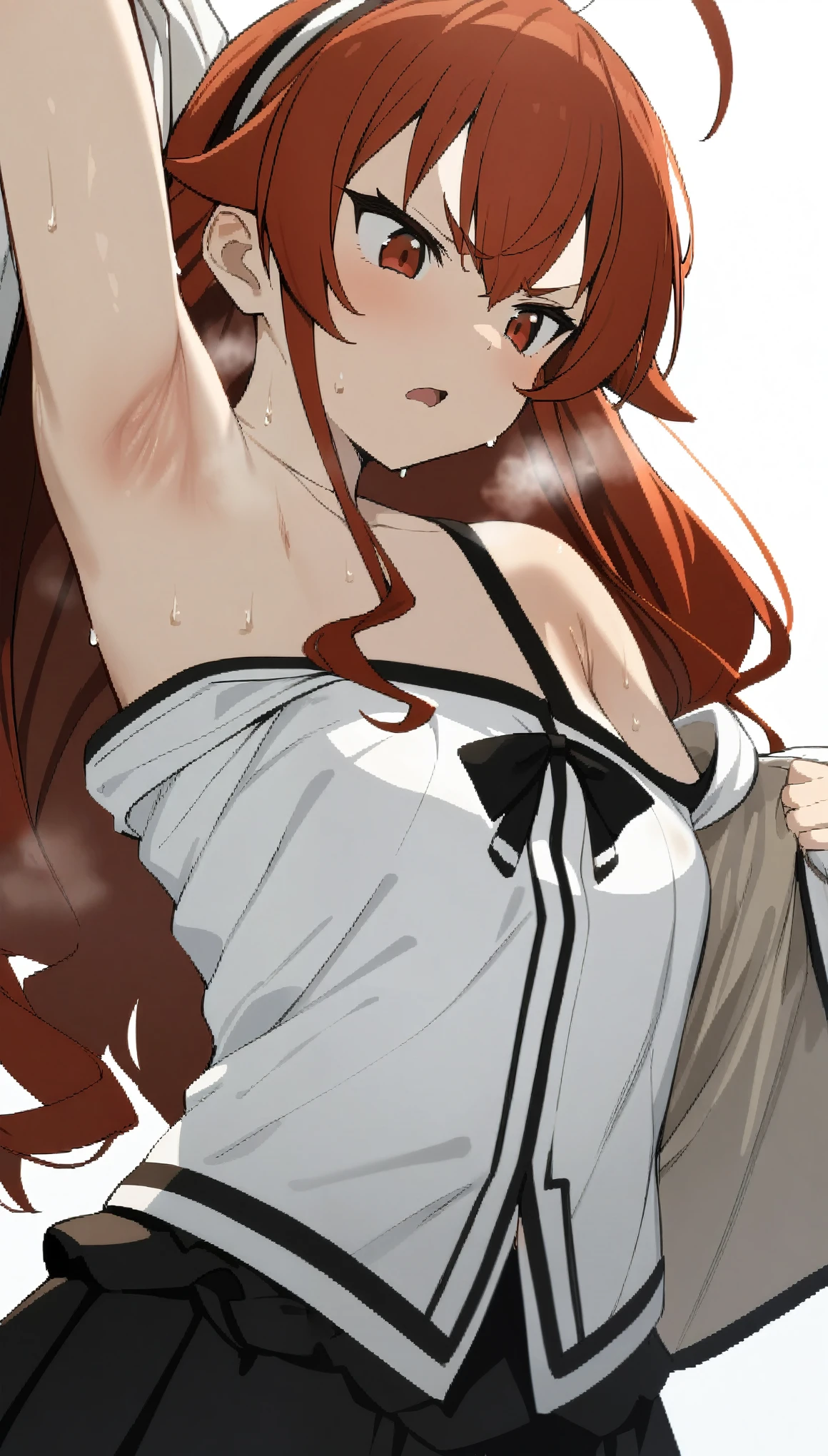 (masterpiece:1.2), hyper detail, best quality, (intricate_details:1.1), beautiful detailed, beautiful hair, solo, 1girl,Eris Greyrat,white jacket,cropped jacket,frilled skirt,black skirt,white shirt,((shirt half off shoulder)),sweating,heavy breathing,steam,frown,scowl,open mouth,young girl,((jacket half off shoulder)),shoulder,upper body,hand holding jacket,sweating,heavy breathing,steam,open jacket,greasy shoulder,from below,looking down,flipped hair,armpit,greasy armpit,from side, shoulder focus,wet clothes,((armpit focus)),bare shoulder,looking at armpit,pov,((long sleeves))