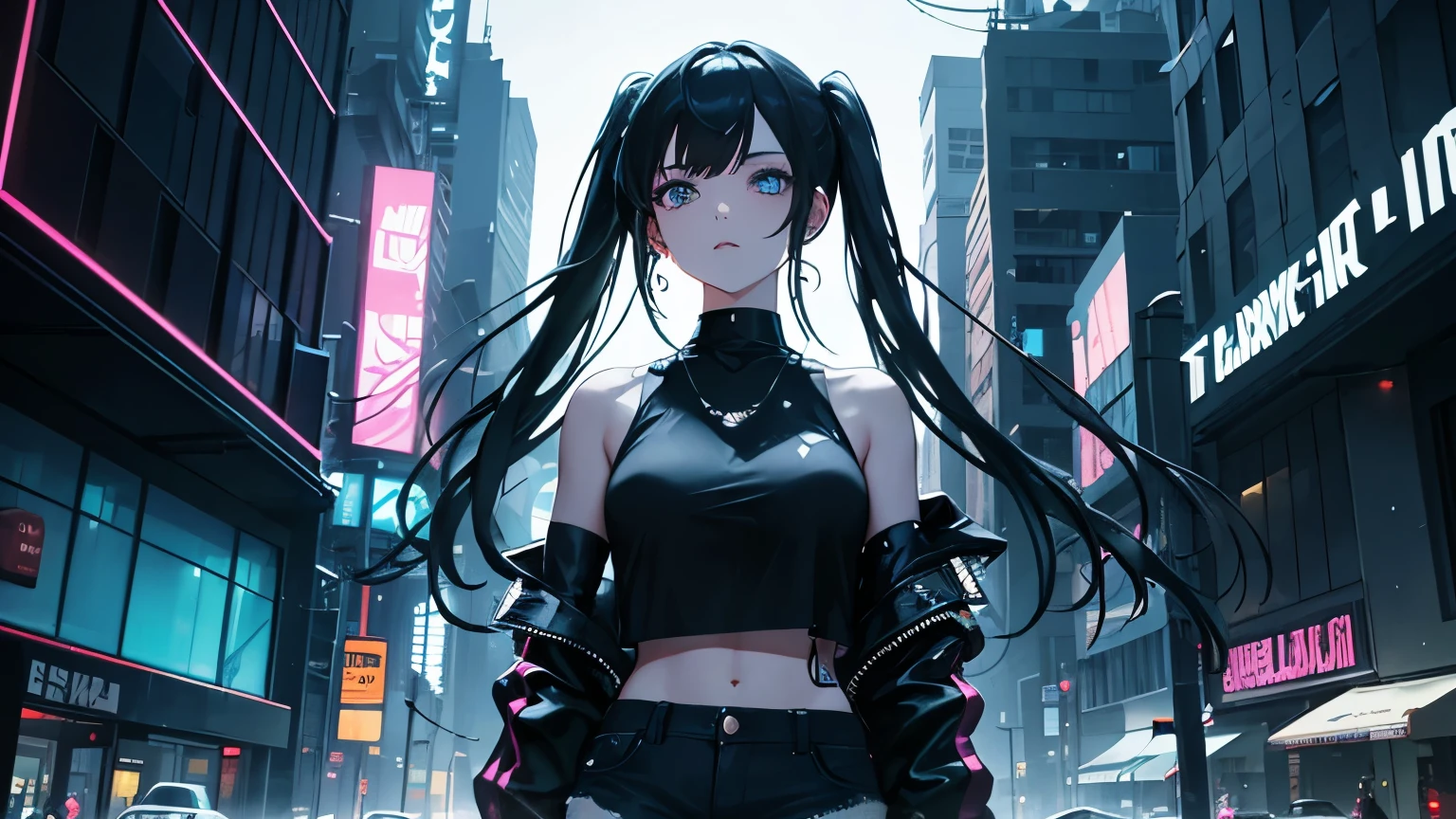 importing the scenery of a futuristic cyber city, surrounded by neon lights and holographic advertisements. The girl is standing on a rooftop, with the wind blowing through her hair. Her eyes are a vibrant, glowing blue, and she has a determined expression on her face. The cityscape behind her is filled with towering skyscrapers and flying cars. The atmosphere is filled with a sense of mystery and excitement. The girl's outfit is made of high-quality materials, reflecting a shiny and sleek texture. She is wearing a black off-shoulder jacket, a black crop top, and black short jeans. The jacket has intricate details and is adorned with futuristic accessories, like glowing LED strips and metal studs. Her crop top has a holographic design that changes colors with her movement. The jeans have a worn-out look, with distressed details and patches of neon-colored fabric. The cyber city is bathed in a dark, moody color palette. The predominant colors are shades of blue, purple, and green, which are intensified by the neon lights illuminating the streets. The holographic advertisements flicker and change, creating a vibrant and dynamic atmosphere. The lighting in the scene is dramatic, with the neon lights casting a vibrant glow on the surroundings. There are stark contrasts between light and shadow, adding to the overall cyberpunk aesthetic. The girl's face is highlighted with soft, cool-toned lighting, emphasizing her features and adding depth to her expression. The image quality of the artwork is of the highest caliber, resembling a 4k or 8k resolution masterpiece. The level of detail is astonishing, capturing every intricate aspect of the scene. The rendering technique used is photorealistic, creating a sense of realism in the cyber cityscape. Overall, the prompt captures the essence of a cyberpunk girl in a futuristic city setting, with attention to detail in her outfit, the cityscape, the color palette, the lighting, and the overall image quality. It sets the stage