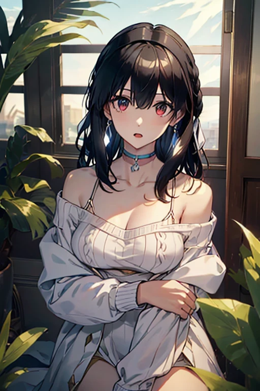 masterpiece, yor, 1girl, Bust A Cup, Amazing Cleavage:1.0, thin waist, big ass, Raised sexy, big breast: 1.2 posed cleavage:1.2、solo, looking at viewer, open mouth, black hair, red eyes, dress, bare shoulders, jewelry, collarbone, sidelocks, hairband, earrings, indoors, off shoulder, :o, sweater, arms behind back, plant, short hair with long locks, white hairband, off-shoulder dress, sweater dress, off-shoulder sweater, red sweater, big side hair, very long side hair,is rendered in (masterpiece: 1.2, best quality), with (ultra high resolution) and an exquisite (depth of field). This masterpiece is not only visually stunning but also tells
