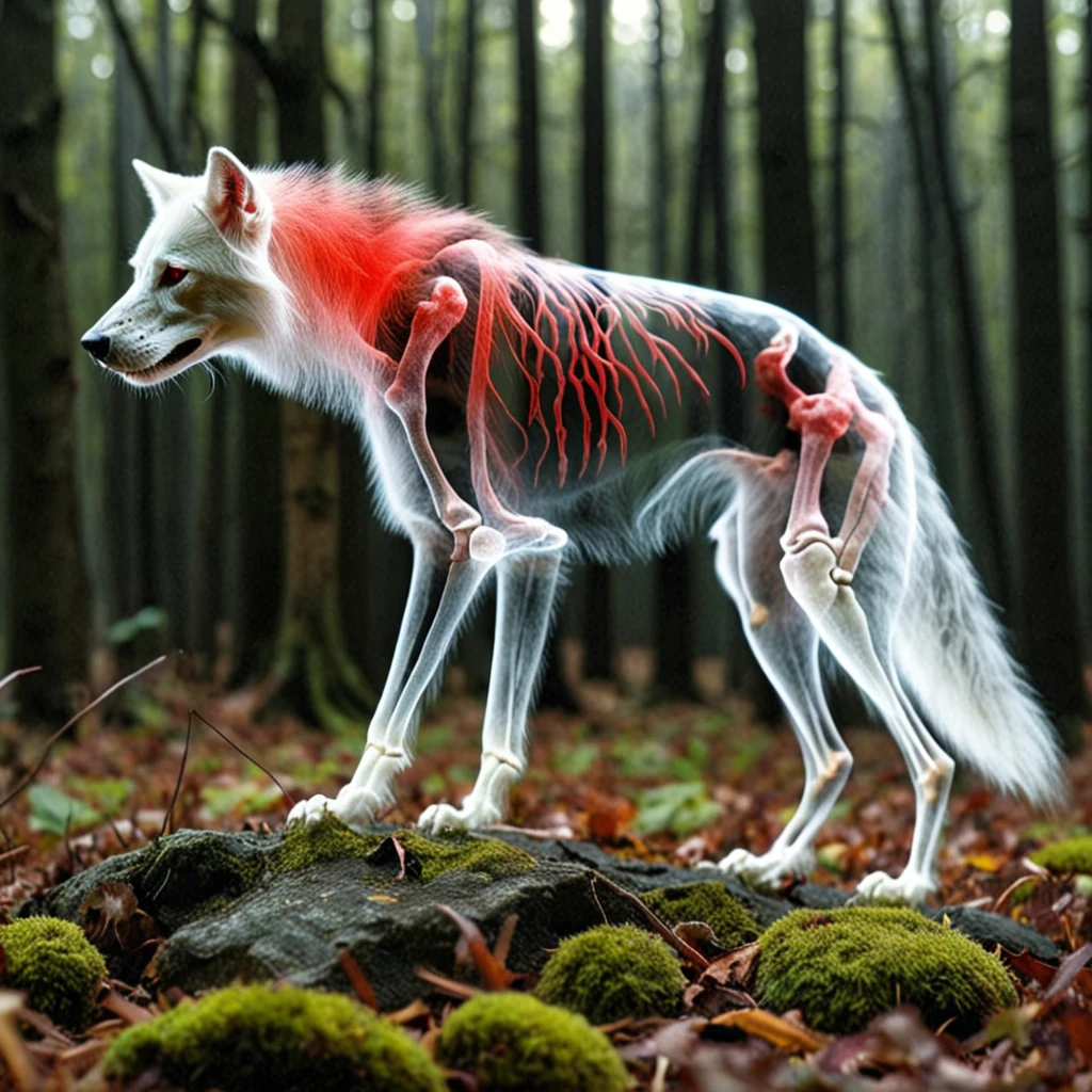 ((wolf skeleton with translucent red fur)) ((4 wolfs standing)) ((translusent skeleton wolfs)) 