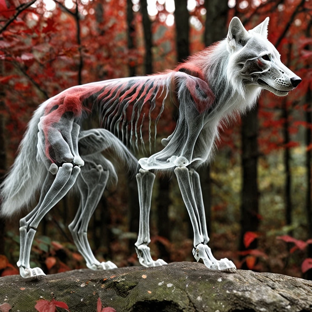 ((wolf skeleton with translucent red fur)) ((4 wolfs standing)) ((translusent skeleton wolfs)) 